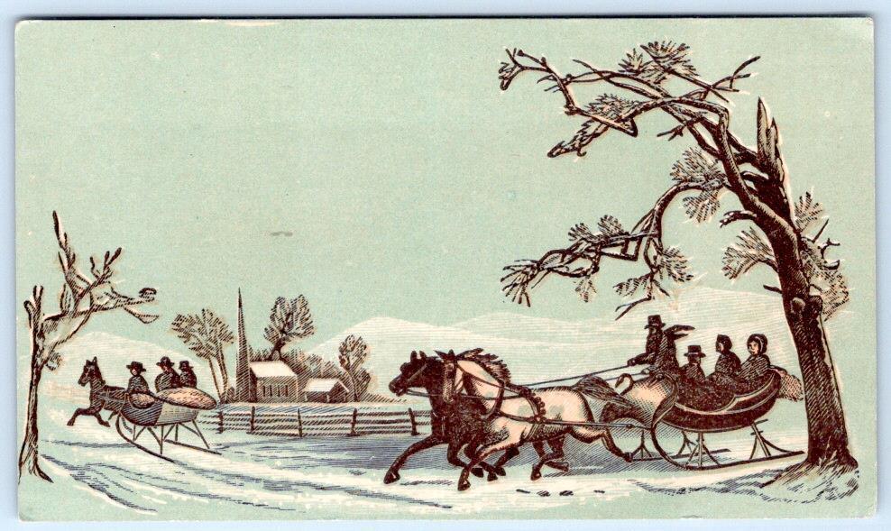 1800\'s VICTORIAN CARD WINTER SCENE ONE HORSE OPEN SLEIGH CHURCH CHRISTMAS