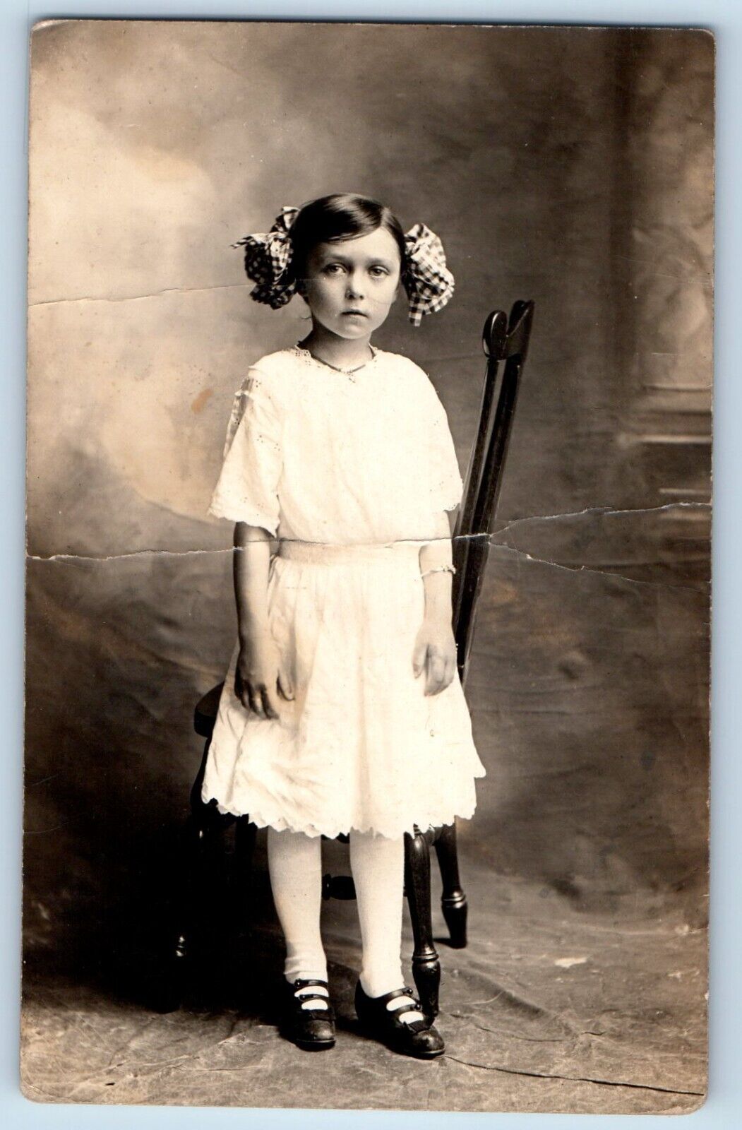 Pretty Little Girl Postcard RPPC Photo Plaided Ponytail Studio c1910's Antique