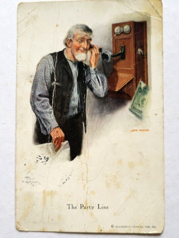 1900s THE PARTY LINE Man on Old Fashion Telephone Postcard Posted in N. Dakota
