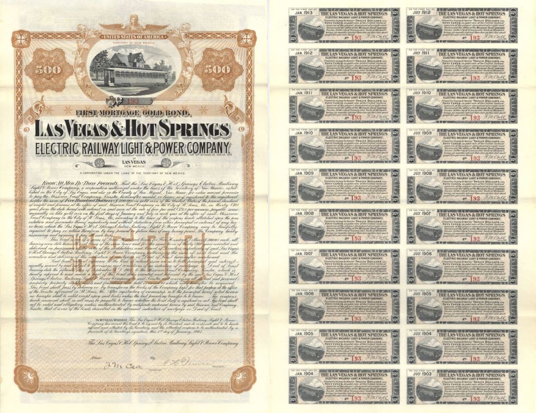 Las Vegas and Hot Springs Electric Railway Light and Power Co. - 1903 dated $500