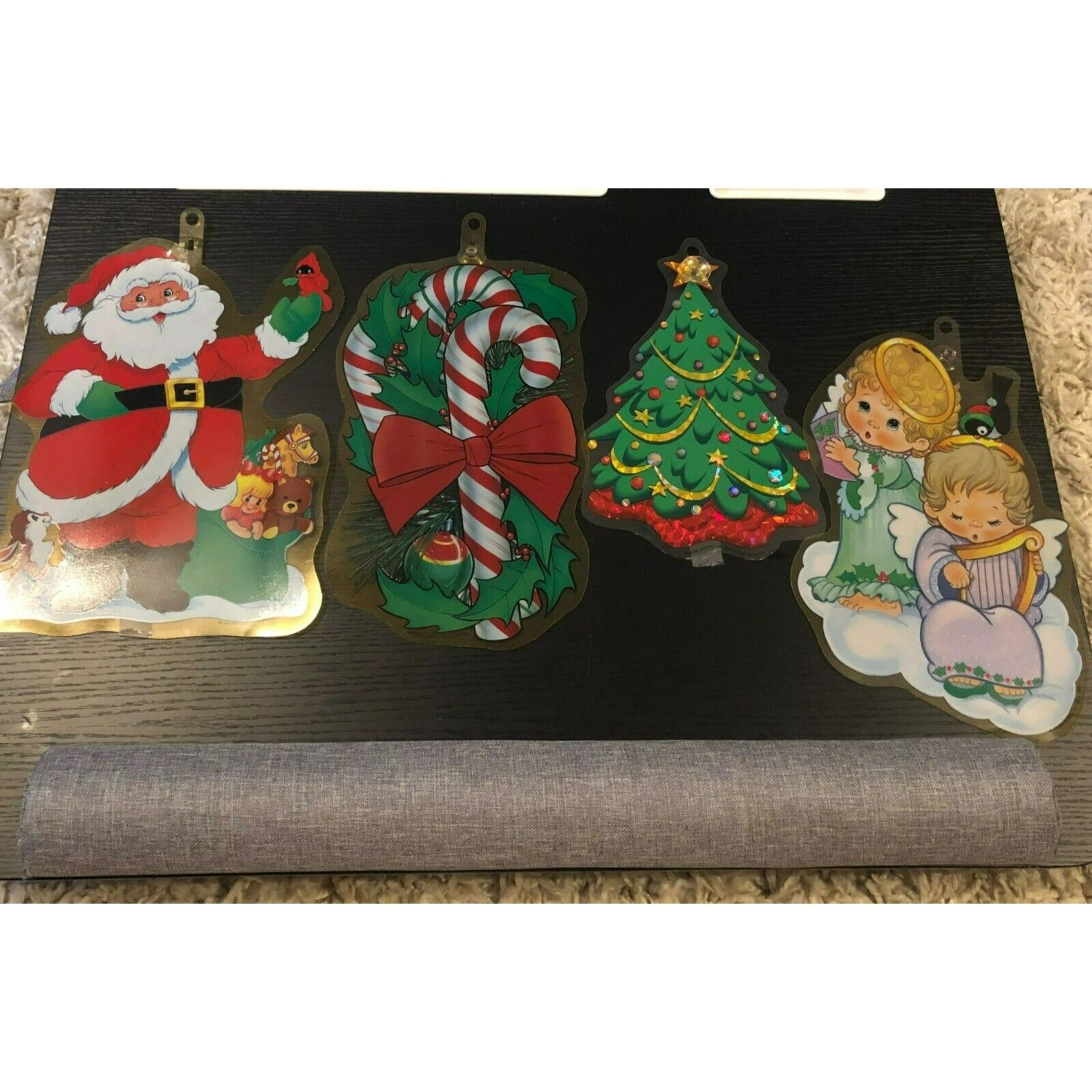 VTG Christmas Plastic window Decor Set Of 4 Santa Candy Cane Wreath Tree Angels