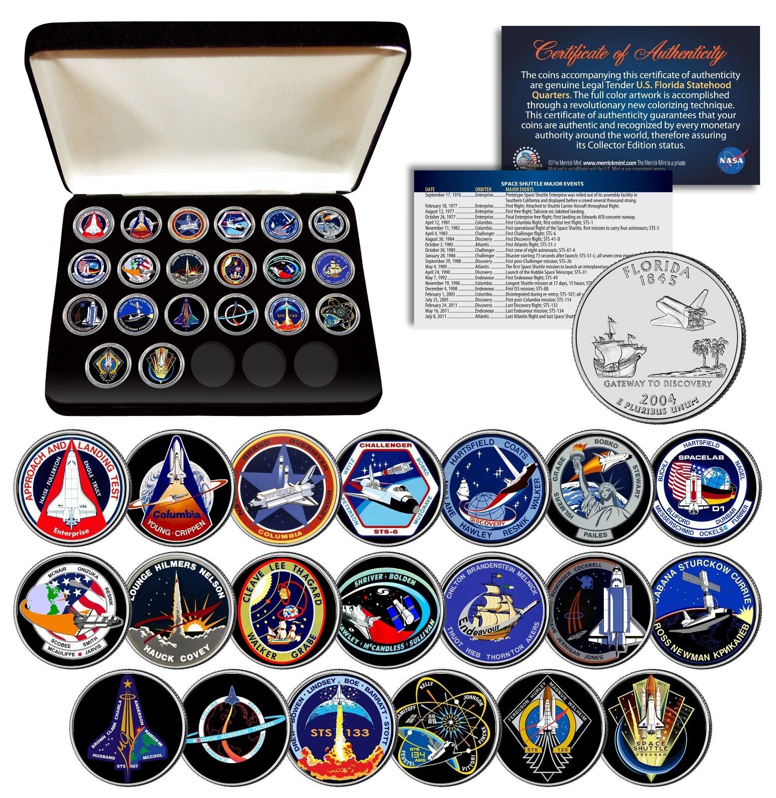 SPACE SHUTTLE PROGRAM MAJOR EVENTS NASA Florida State Quarters 20-Coin Set w/BOX