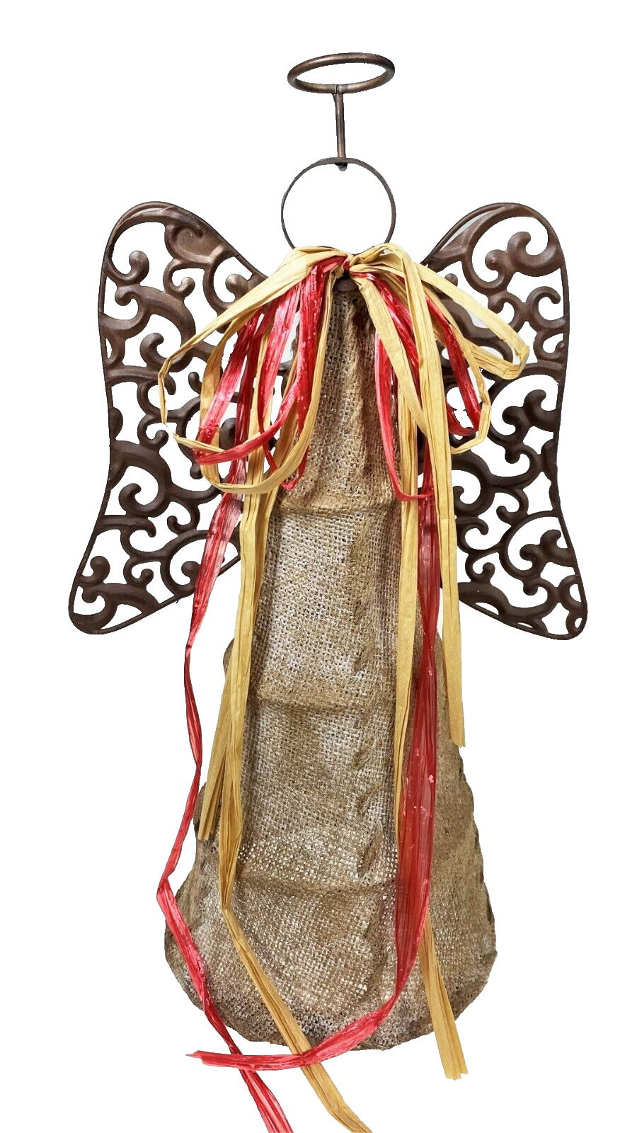 16” Angel Figurine Centerpiece Tree Topper Holiday Rustic Farmhouse Metal Burlap