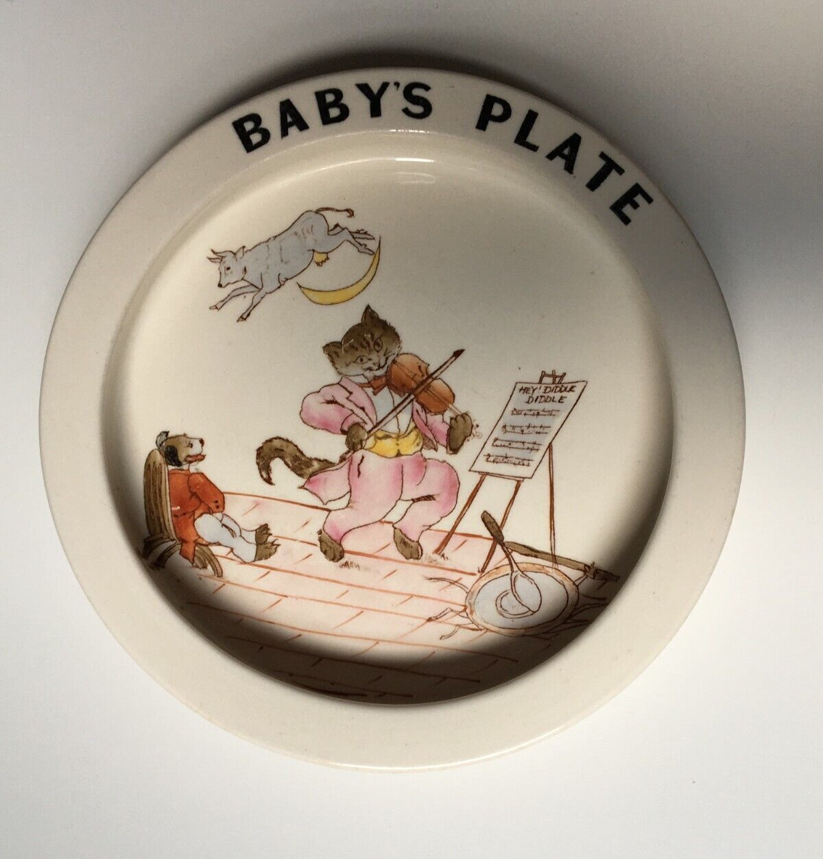 Antique Wiltshaw&Robinson Carlton Ware Baby's Plate Cat & the Fiddle C1900/1910