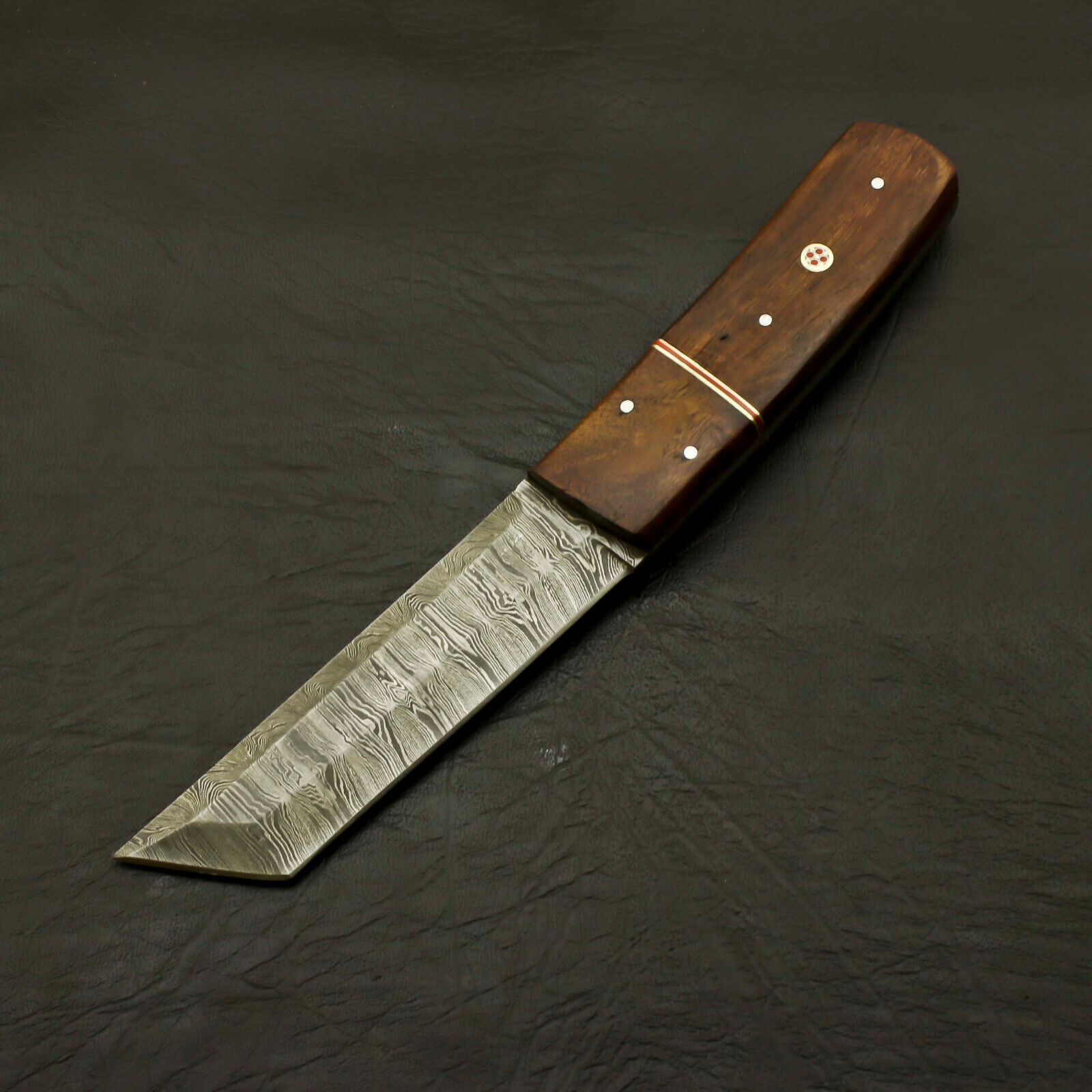 CUSTOM HAND FORGED DAMASCUS TANTO BLADE SKINNING HUNTING CAMPING KNIFE/ROSE WOOD