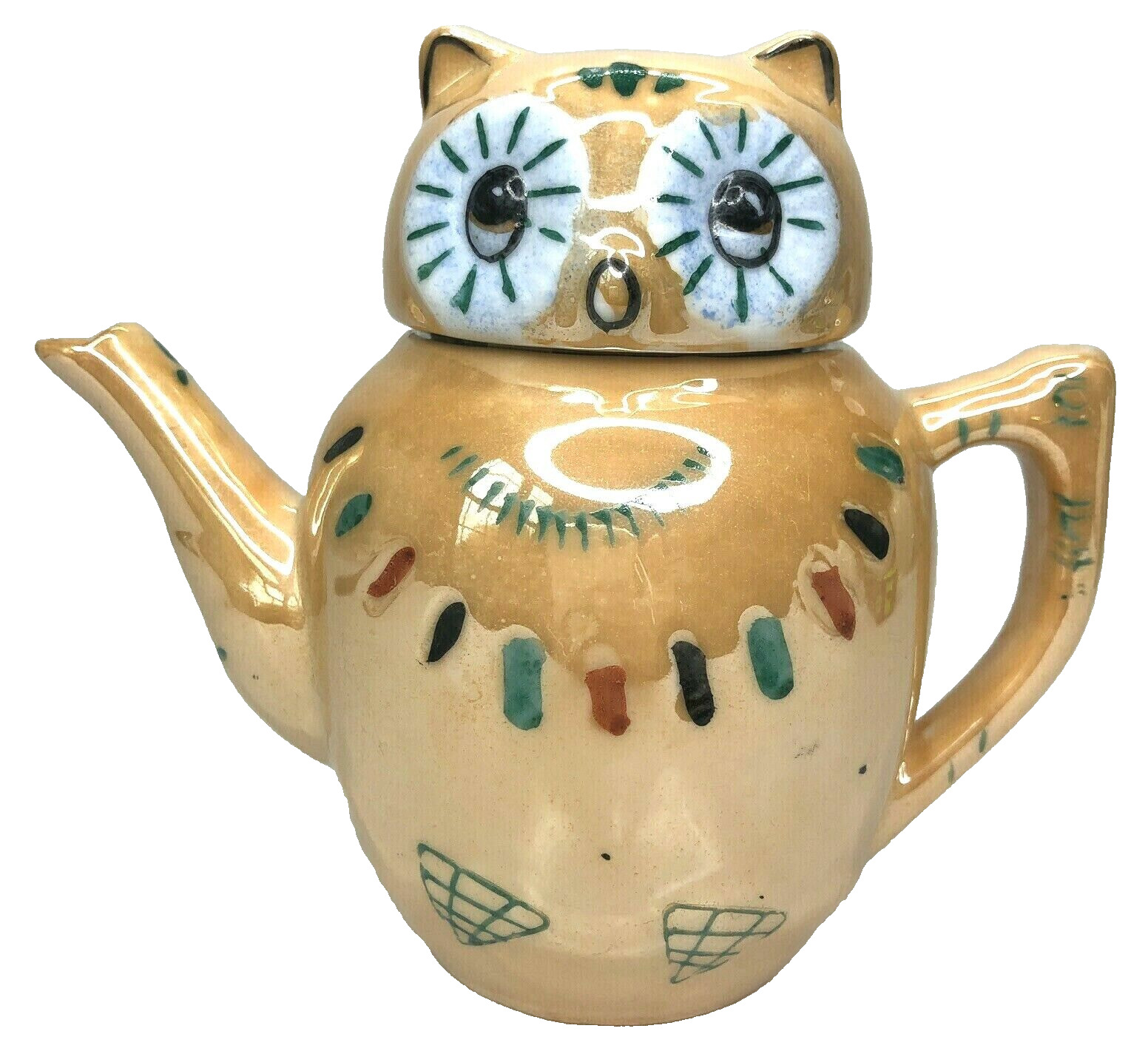 Vintage Pier 1 Owl Teapot Peach Lusterware Glazed Porcelain 5\