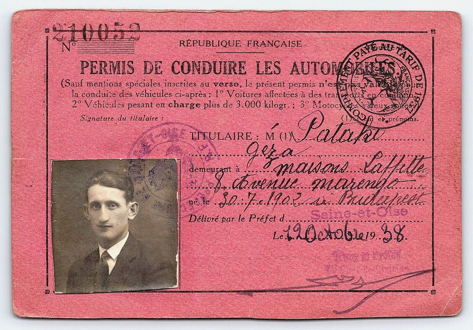 Original Old Vintage Real Photo French Car Driver\'s License Stamped 1938