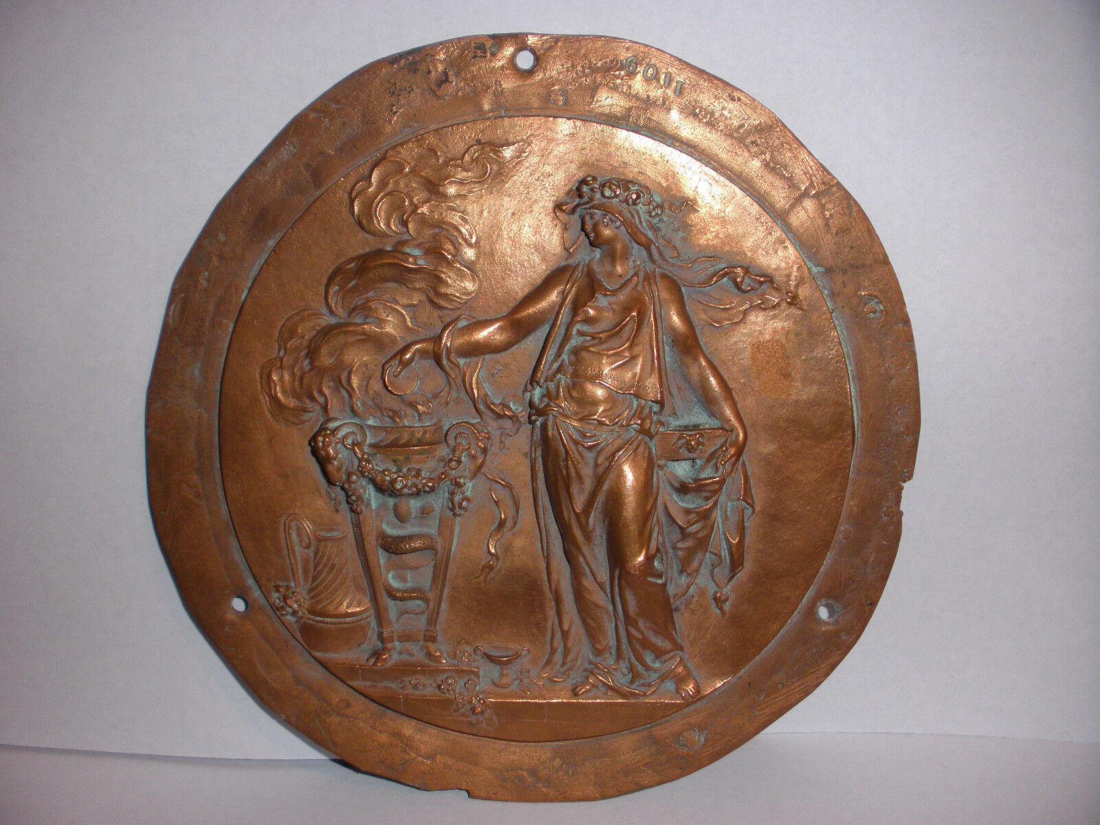 Great antique bronze oval neoclassical Roman or Greek muse high relief plaque 