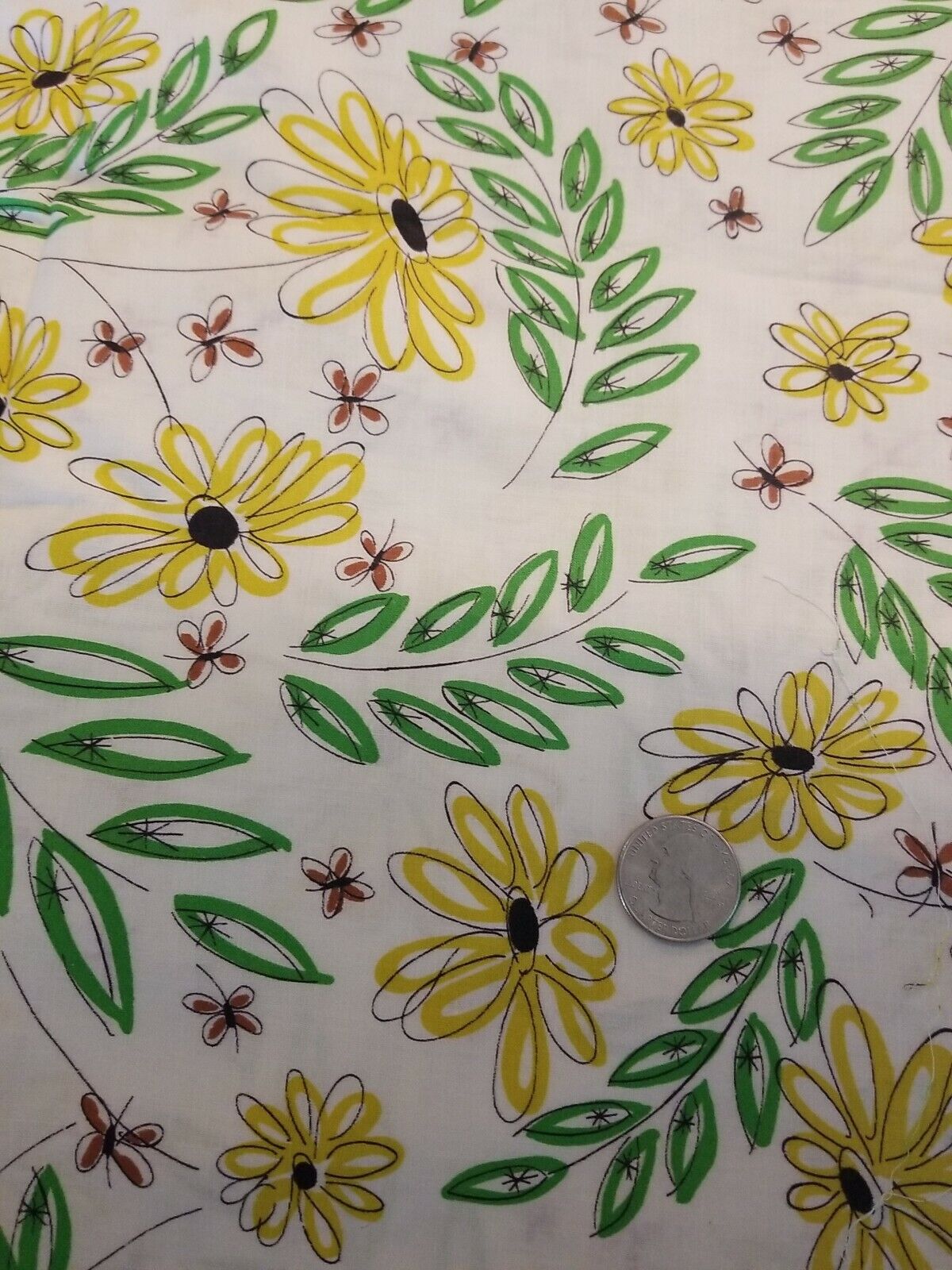 Over 60 Year Old Fabric  Abstact Daisies & Butterflies 36 In Wide Cotton 2 Yards