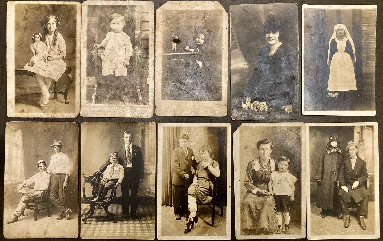 Antique 10 RPPC Real Postcard Adorable Children Parents 2 Young Men