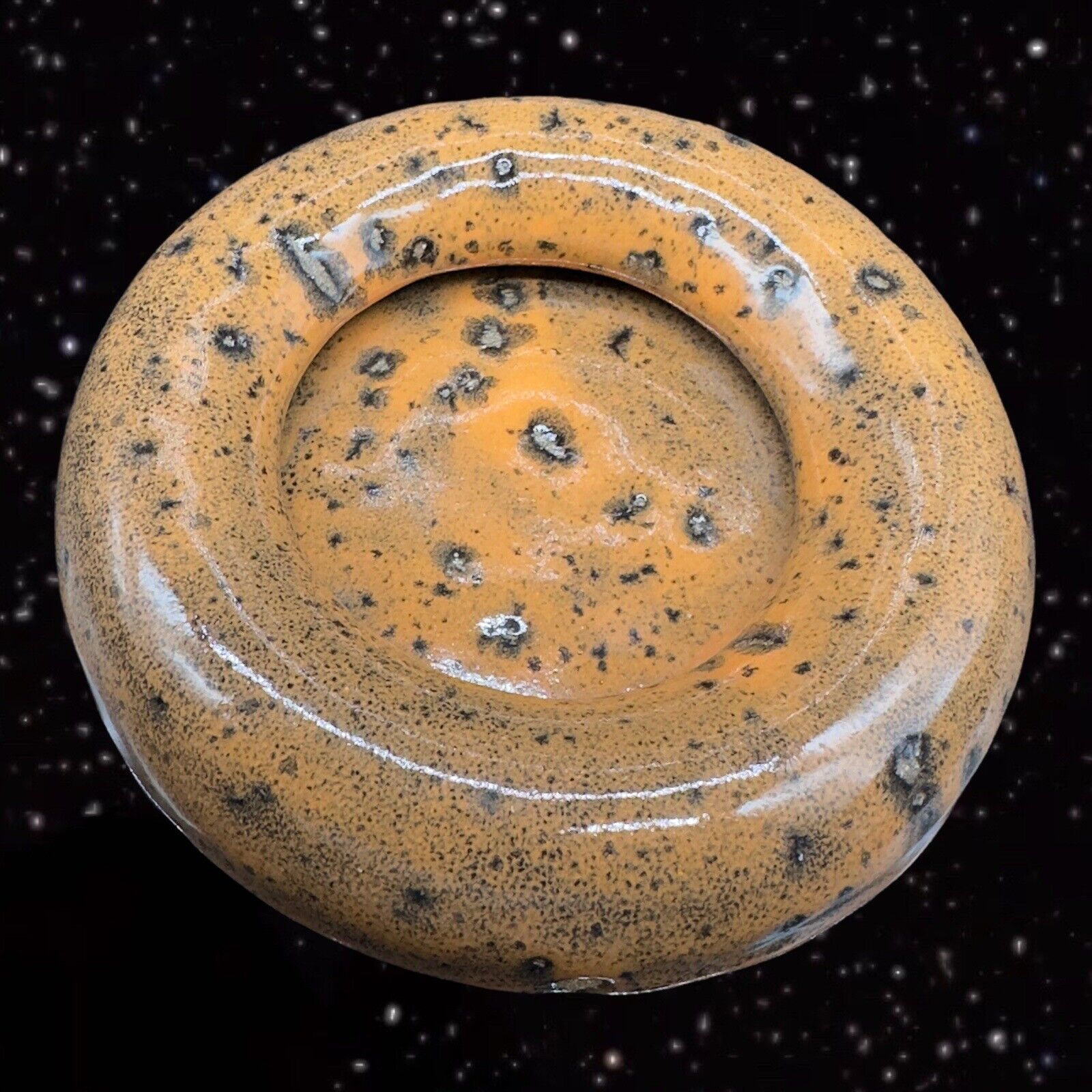Vintage Mid Century Pottery Ashtray Orange Black Speckled Hand Made Glazed 4.5”W