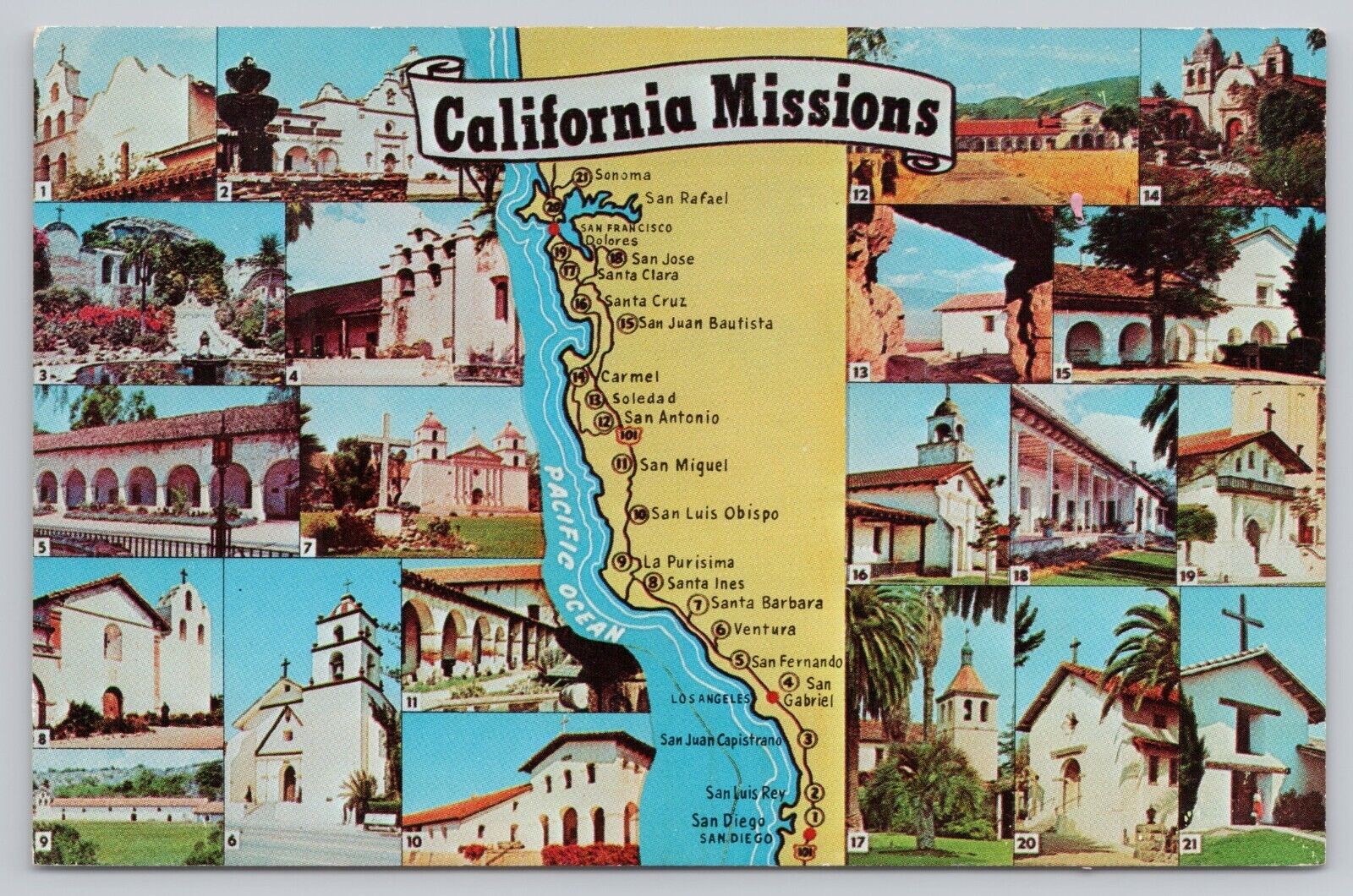 California Missions Map & Pictures, Vintage Postcard