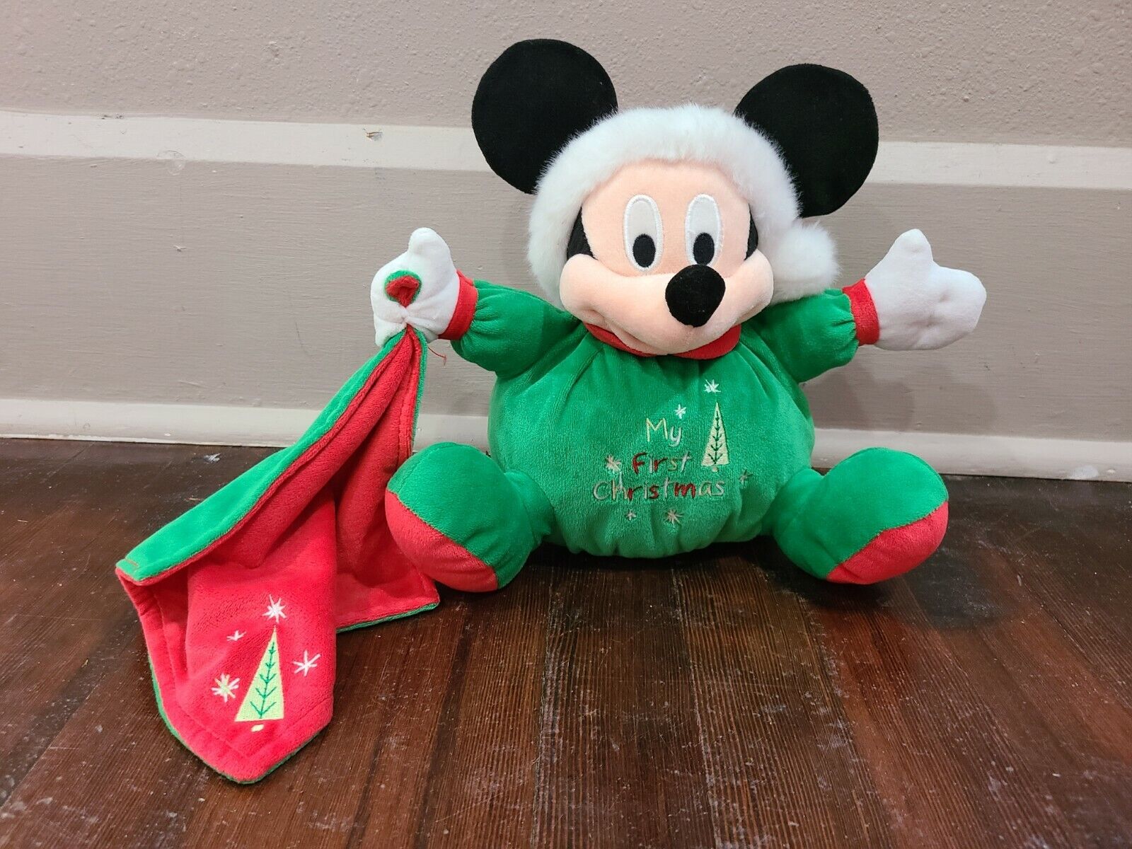 Disney Store 10” Baby Mickey My First Christmas Santa Round Plush with Blanket
