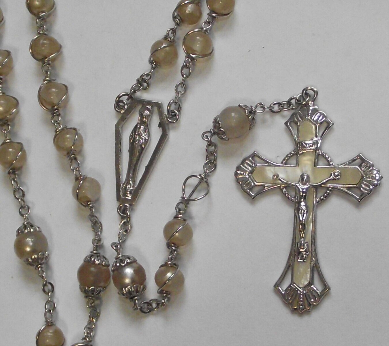 Vtg worn faux pearl glass bead rosary Virgin Mary SH Jesus medal enamel crucifix