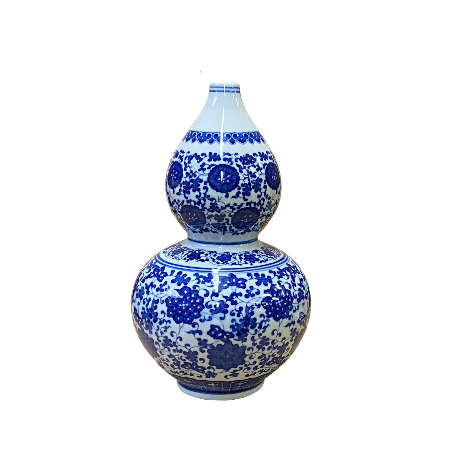 Chinese Oriental Blue White Gourd Porcelain Flower Graphic Vase ws2807