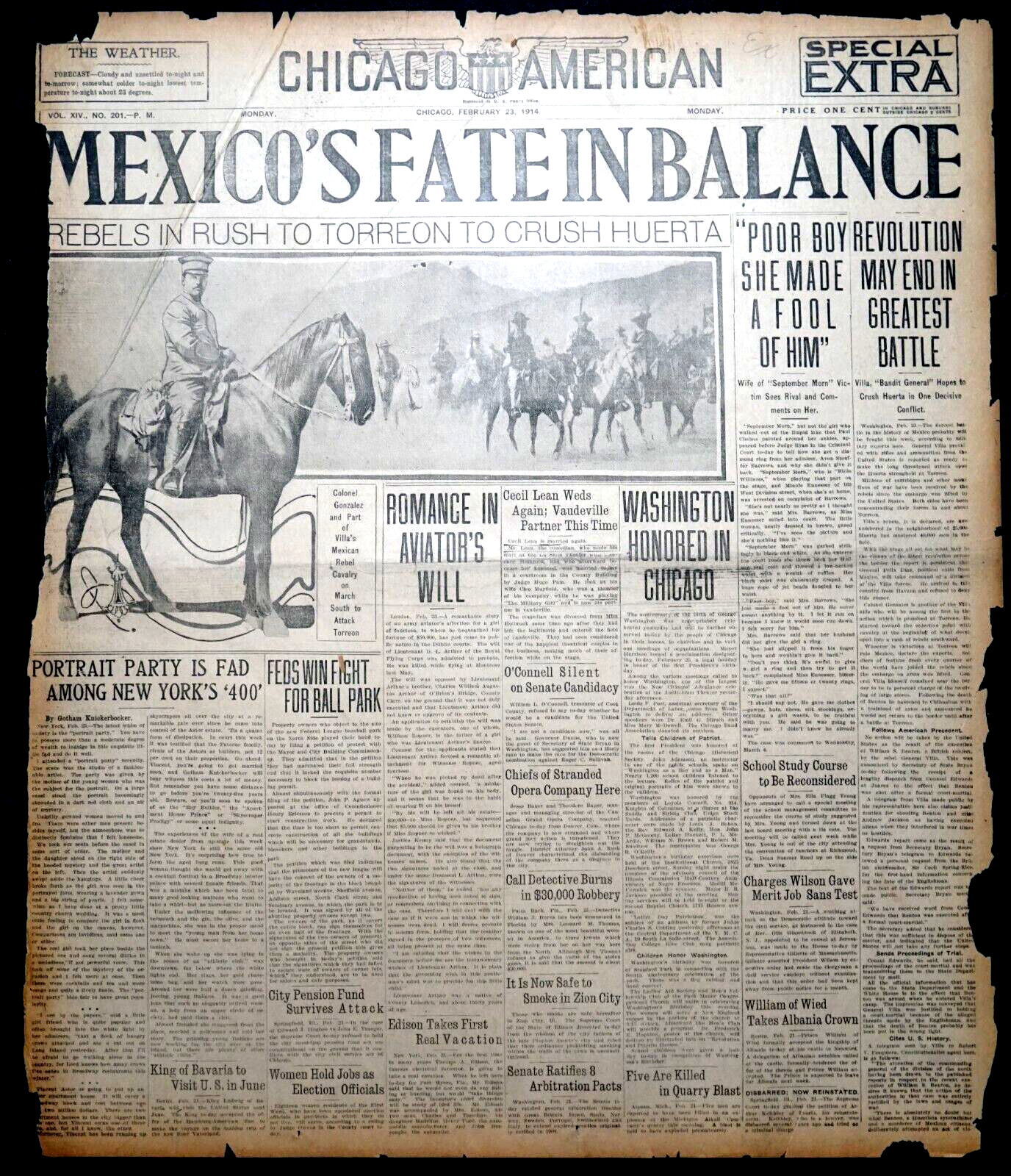 1914 Chicago Front Page - Mexico\'s Fate Hangs in Balance, Pancho Villa