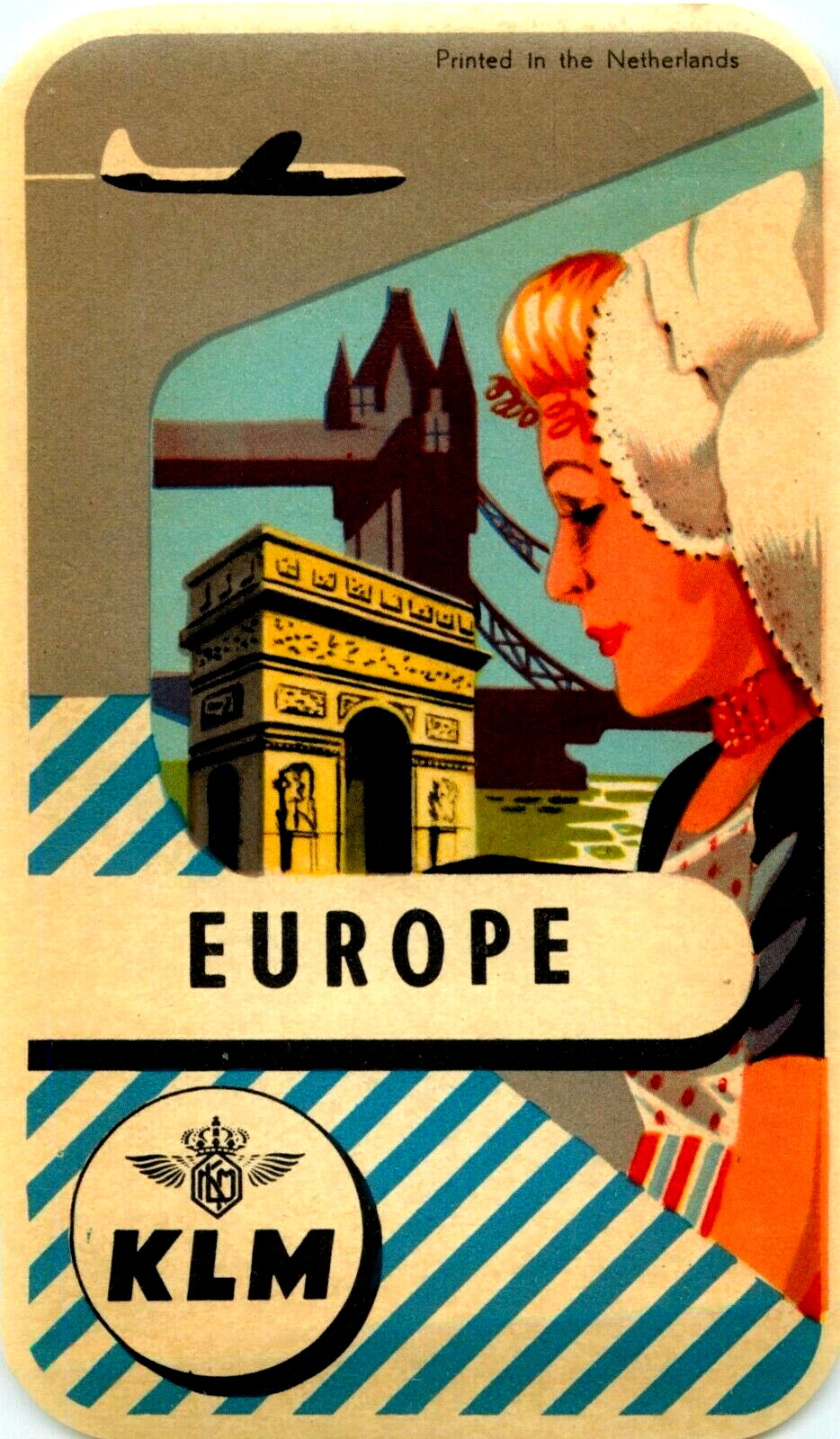 KLM AIRLINE to EUROPE - Beautiful / ORIGINAL Luggage Label, c. 1955