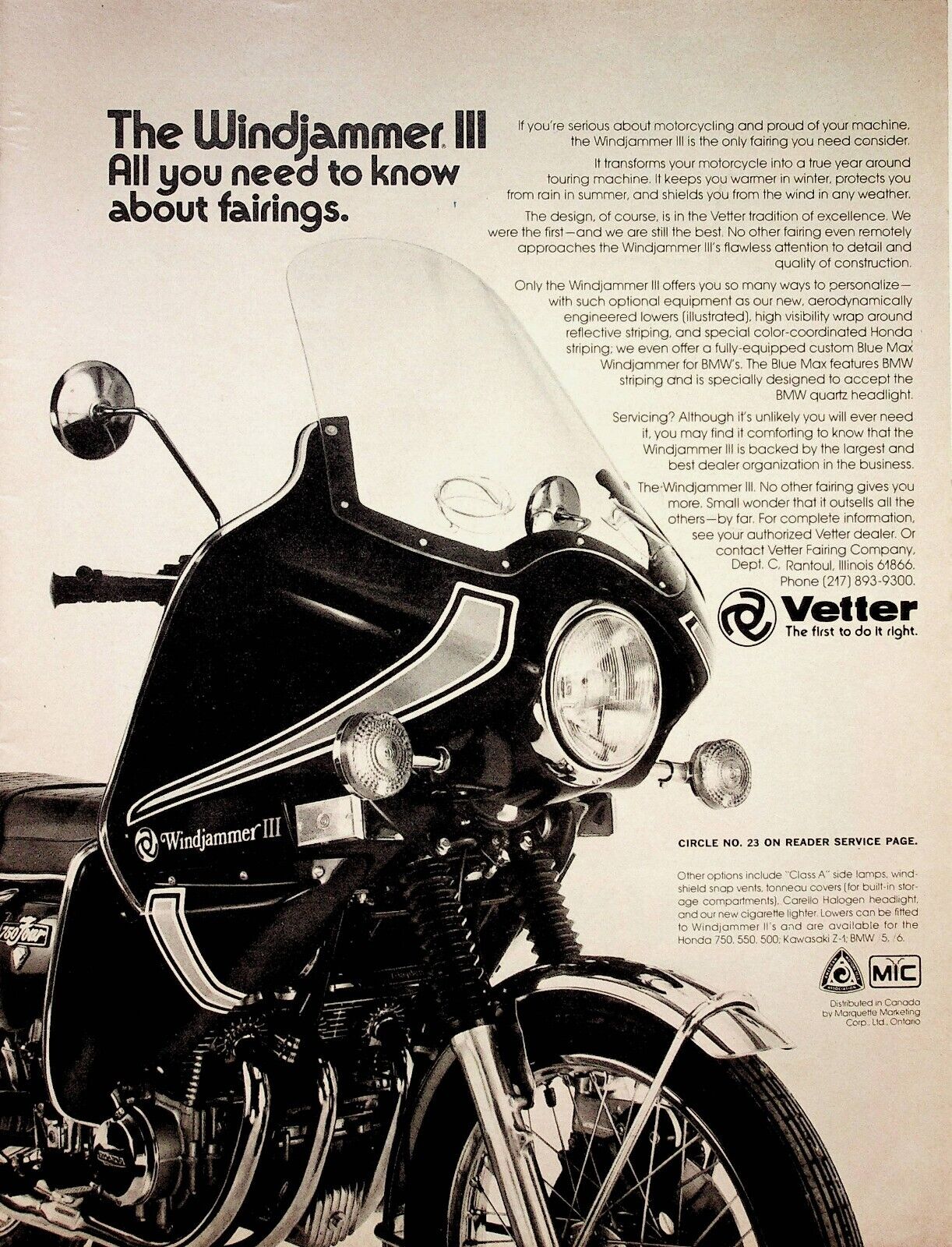 1975 Windjammer Vetter Motorcycle Fairings - Vintage Advertisement