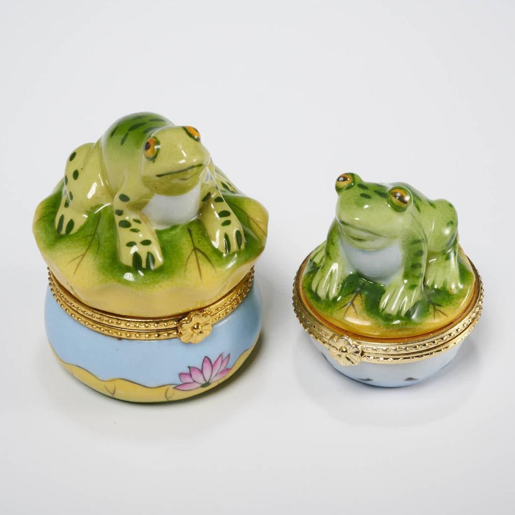 Limoges France Green Frog Blue Pond Lily Pad Medium Trinket Jewelry Box 2pc Lot