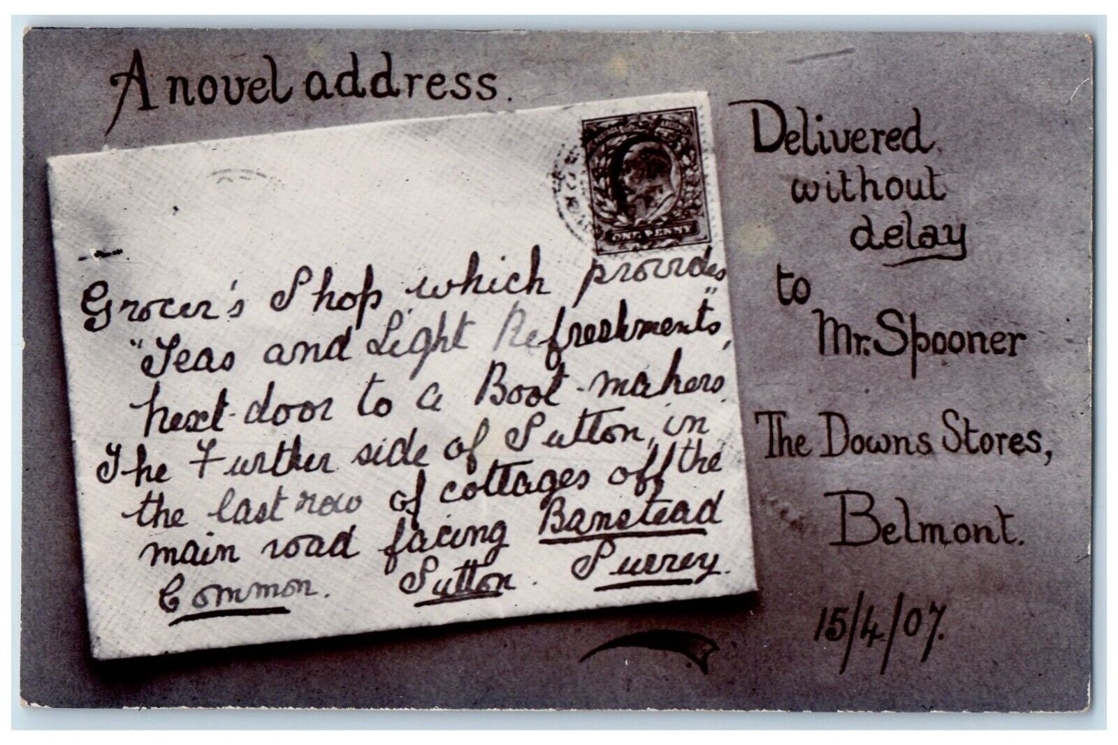 1907 Mr. Spooner The Downs Stores Belmont Letter Posted Antique Postcard