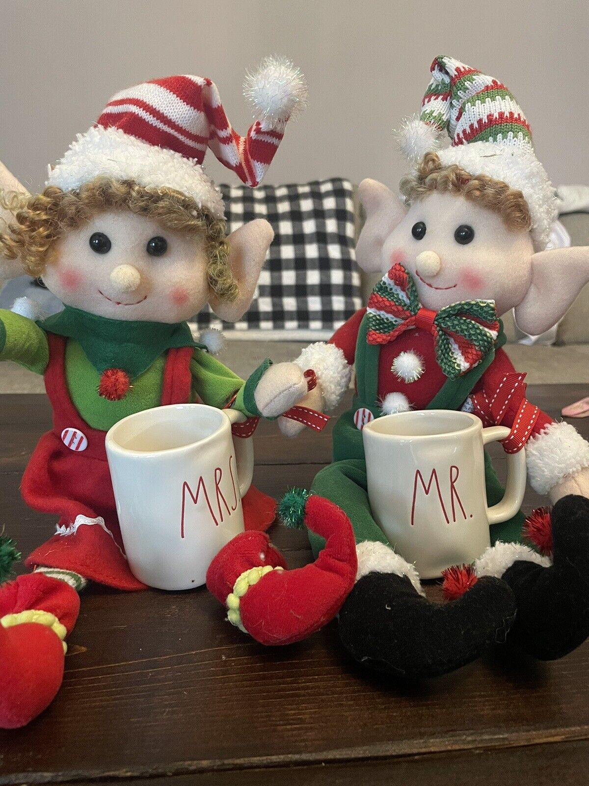 Christmas Elves With Rae dunn Mr & Mrs Mugs In Hand. Sold as A Set