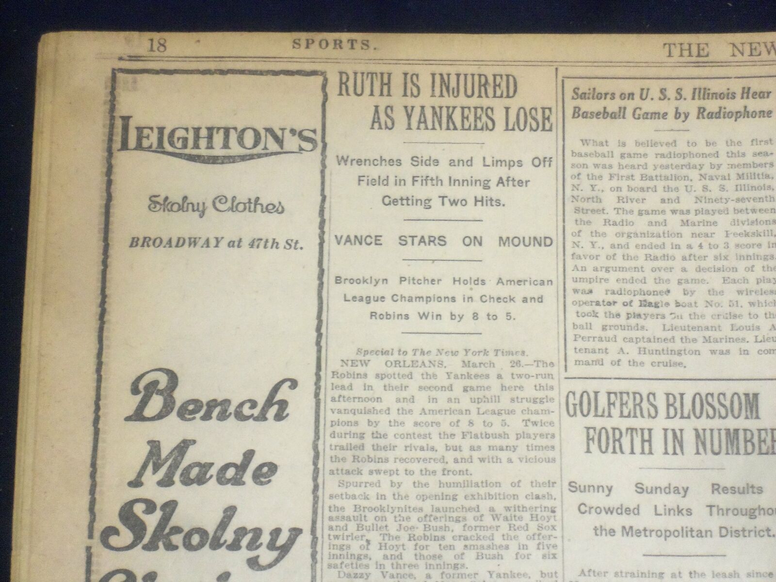 1922 MARCH 27 NEW YORK TIMES - BABE RUTH INJURED AS YANKEES LOSE - NT 8324