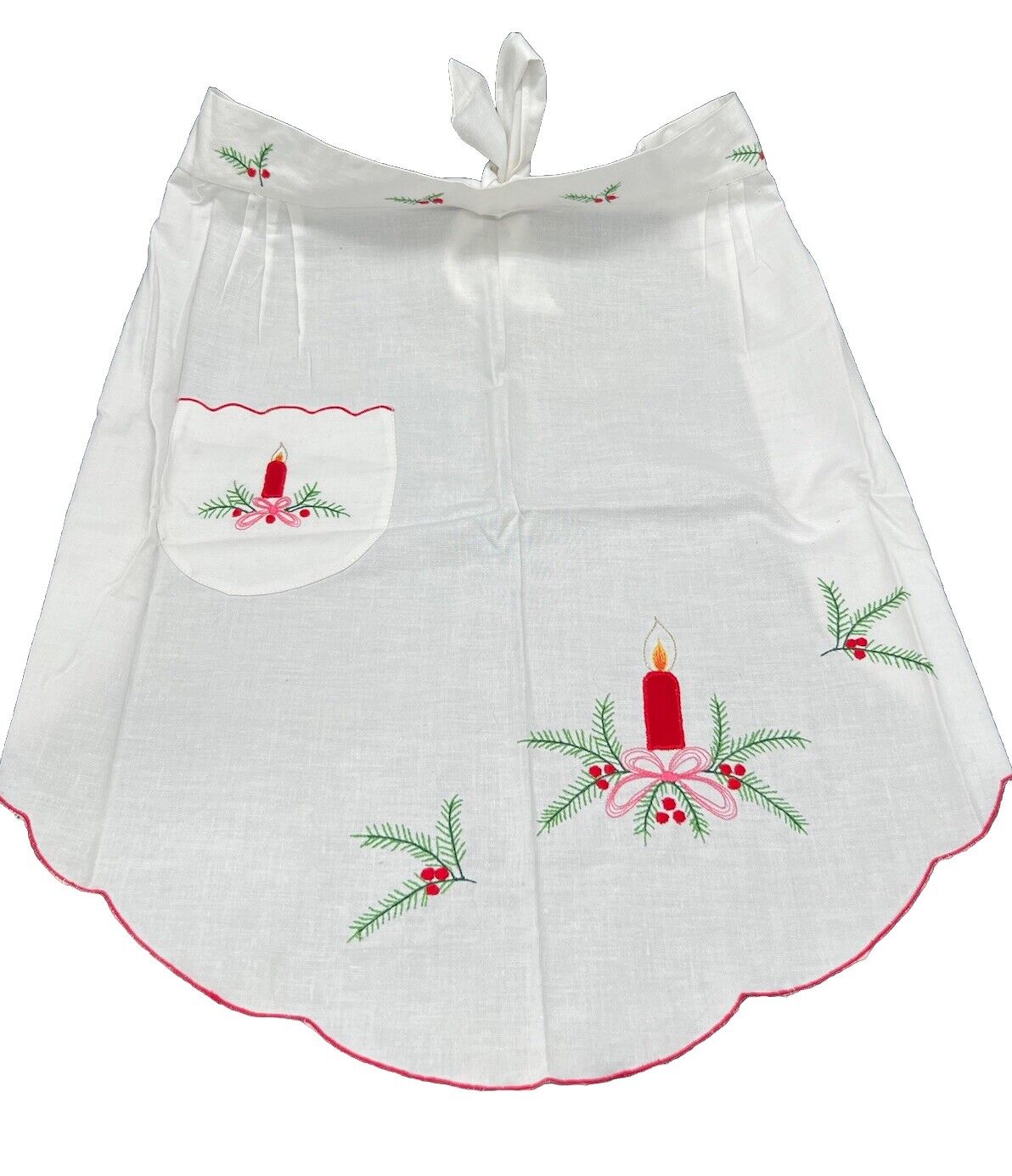 Vintage Embroidered Christmas Apron- Pocket Pleats Red Trim On White Candle