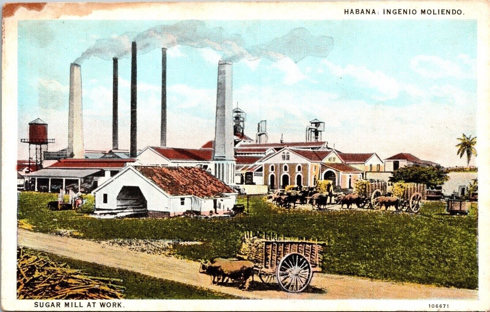 Habana Ingenio Moliendo Sugar Mill Working Smoke Stacks Ox Wagons Postcard UNP