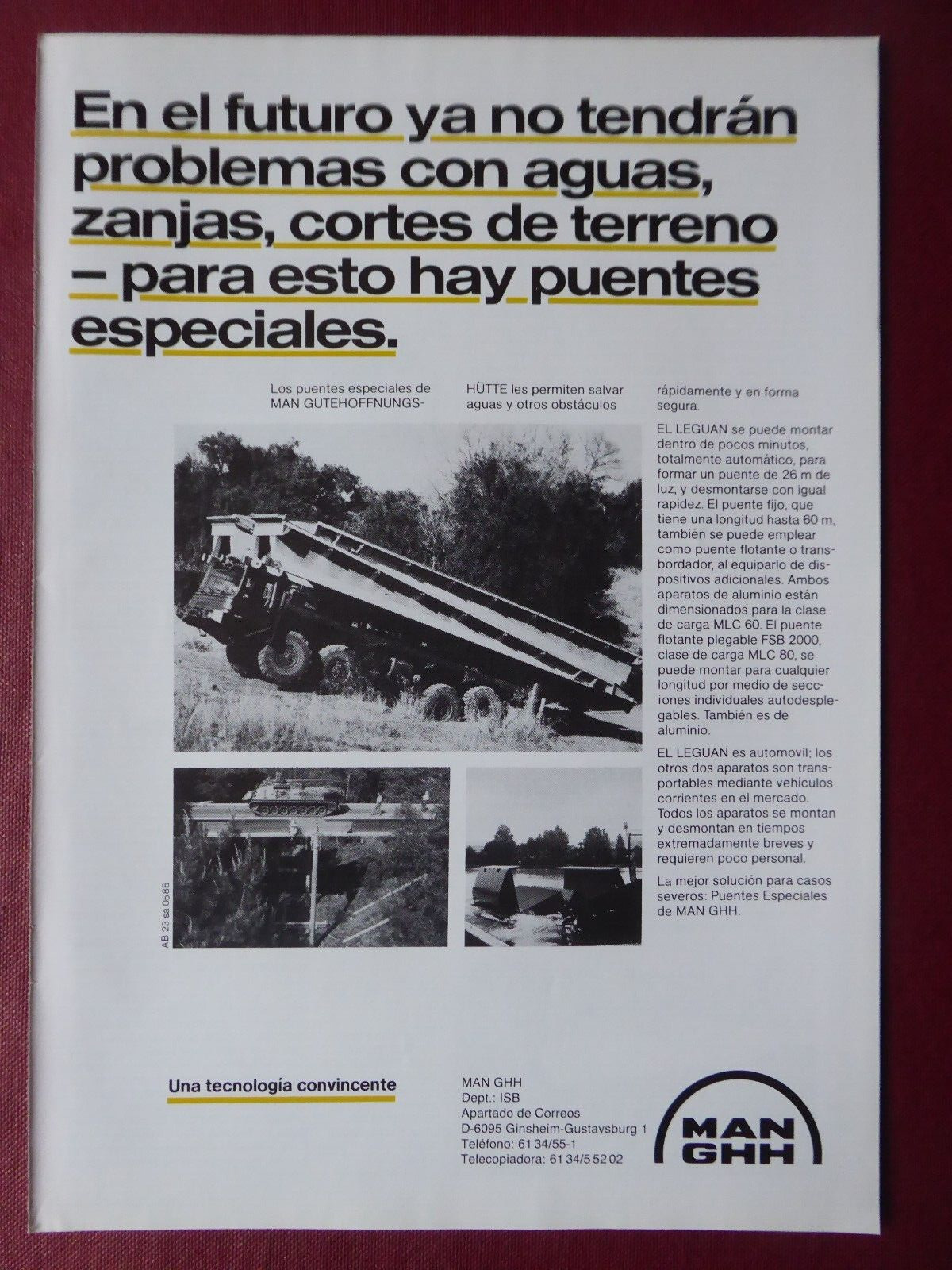 11/1987 PUB MAN BRIDGE BRIDGE LEGUAN ARMY TRUCK ORIGINAL SPANISH AD