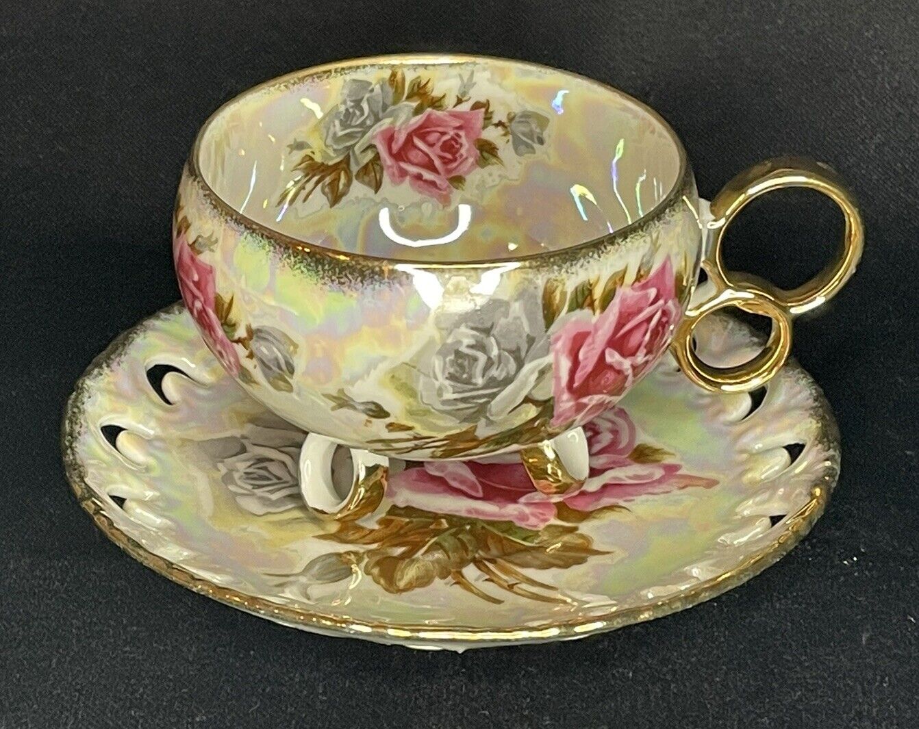 Vintage ROYAL SEALY China Reticulated Lustreware Roses Tea Cup and Saucer Set