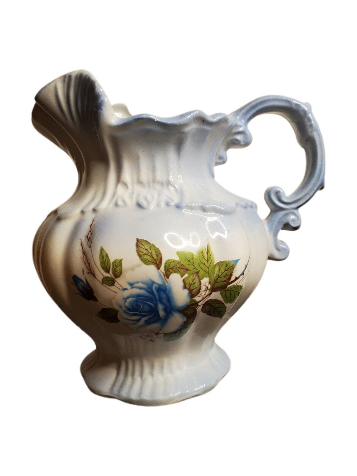 Vintage 1975 Arnels Ceramic Small Water Ewer Vase White Baby Blue Rose