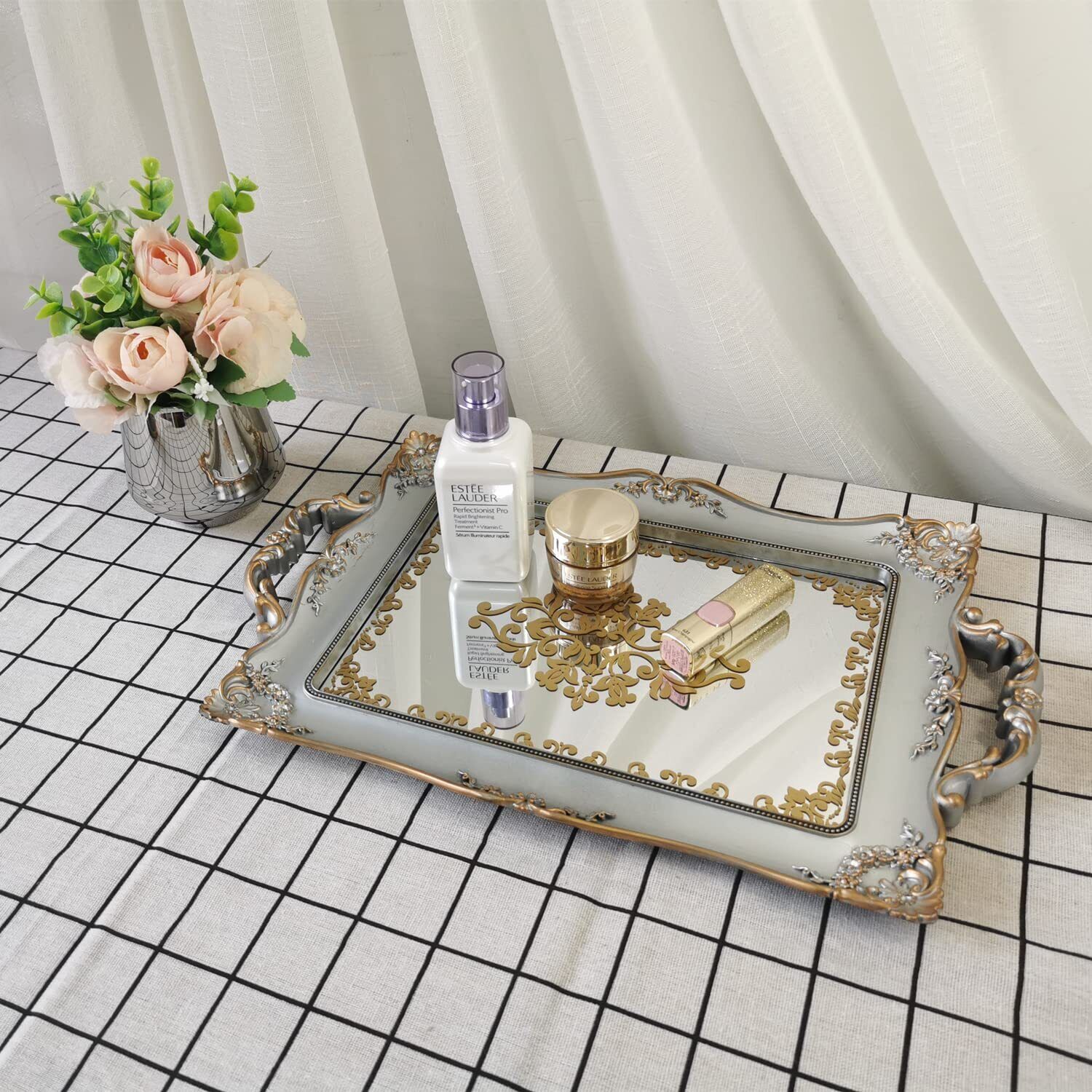 Yash YANIZU Decorative Mirror Tray, Floral Vanity Organizer for Makeup, Jewel...