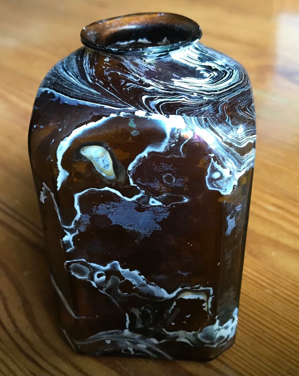 Unusually Attractive Iridescence Covered 1860’s-70’s  Amber Flared Snuff Bottle 