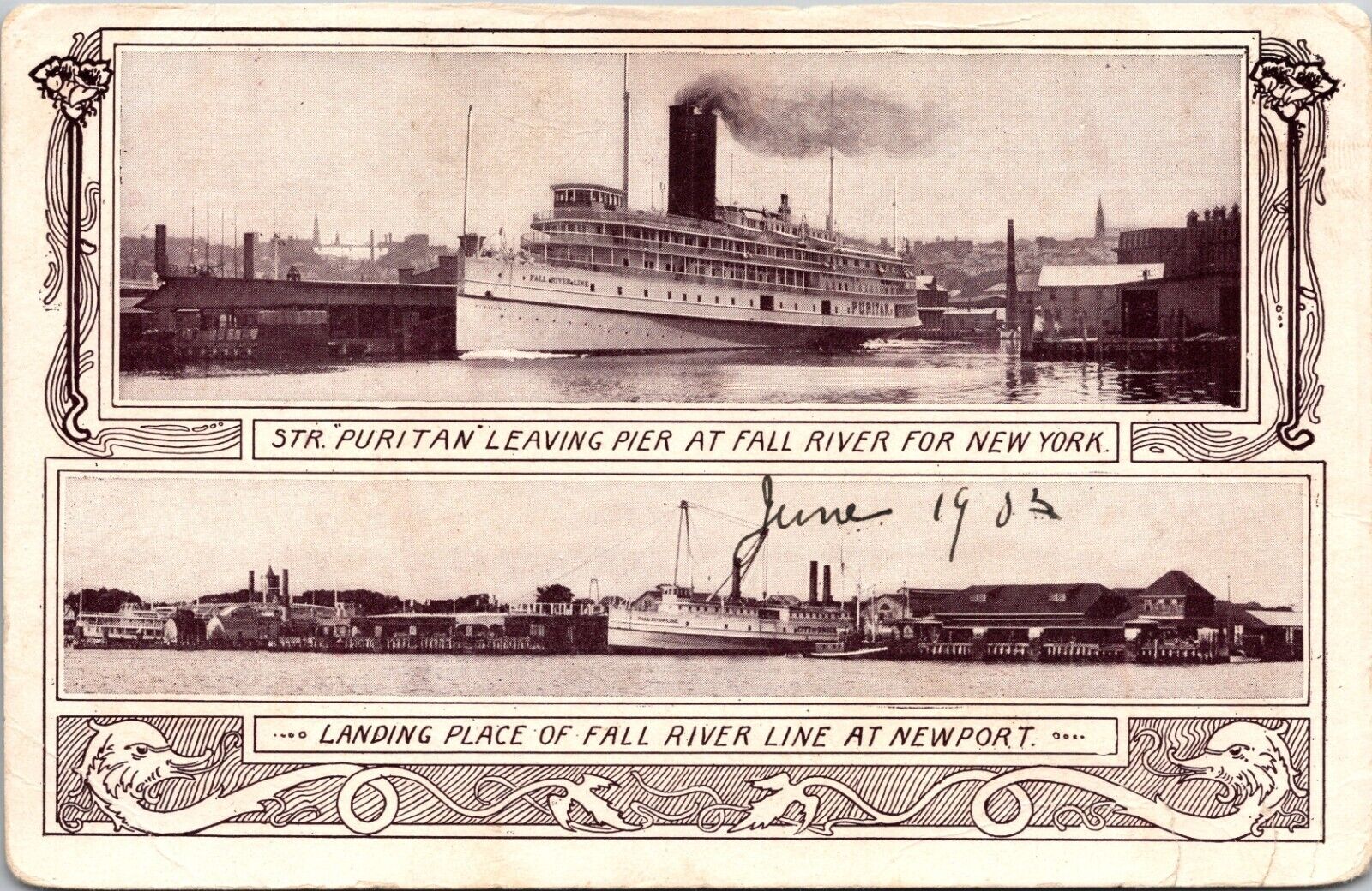 Steamer STR Puritan Leaving Pier at Fall River for New York Advertising Postcard