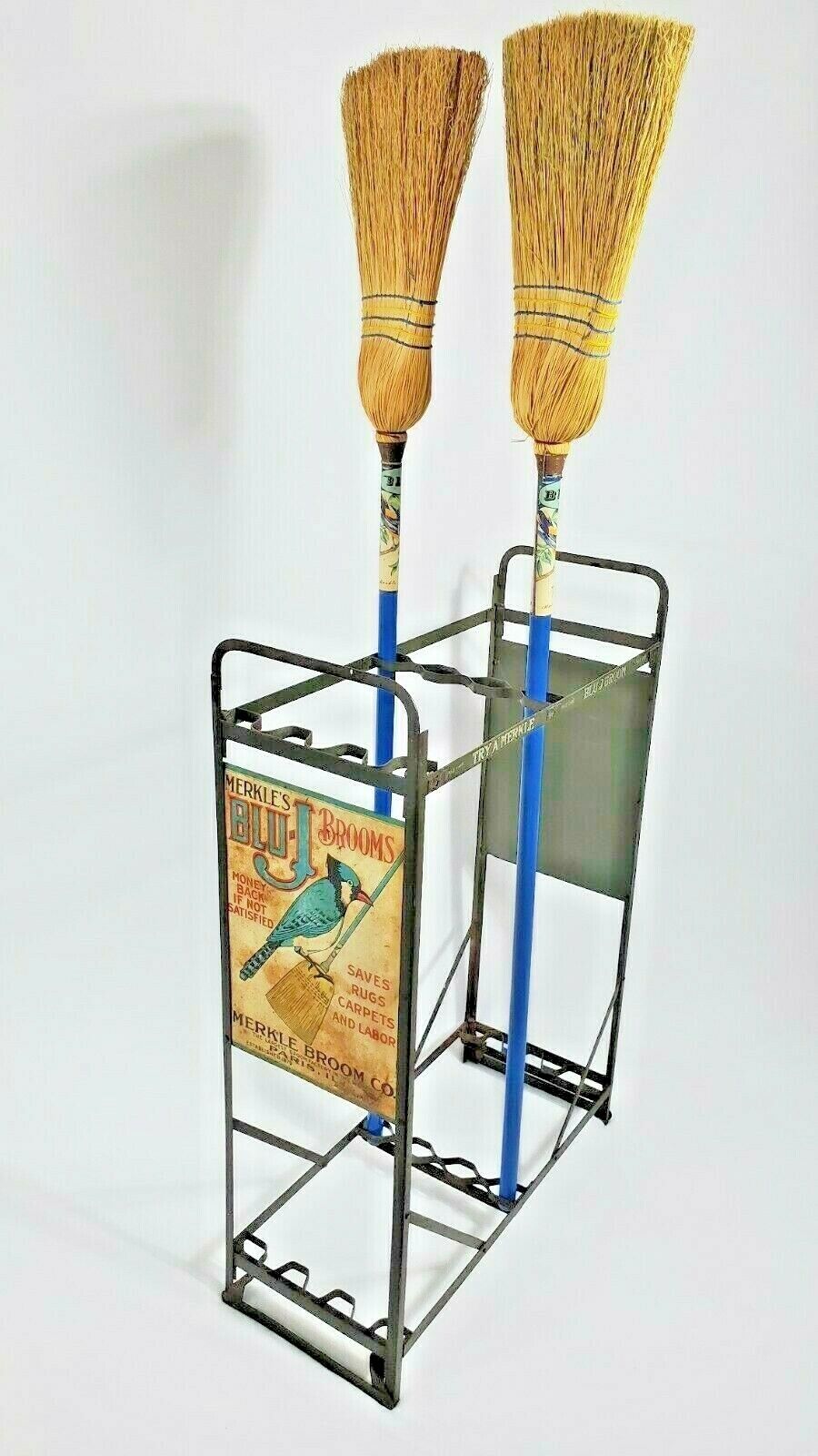 RARE Merkle's Blu-J Antique Country Store Broom Display w 2 Brooms NICE 
