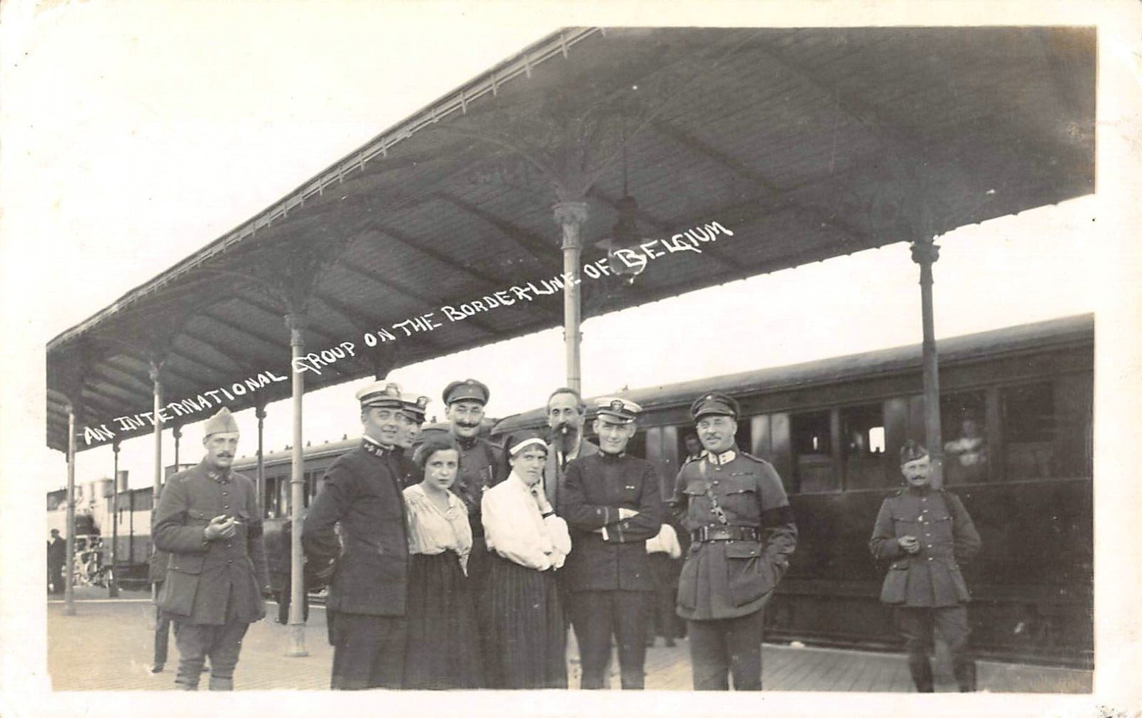RPPC International Group Belgium Borderline Train Soldiers WWI 1910s Postcard
