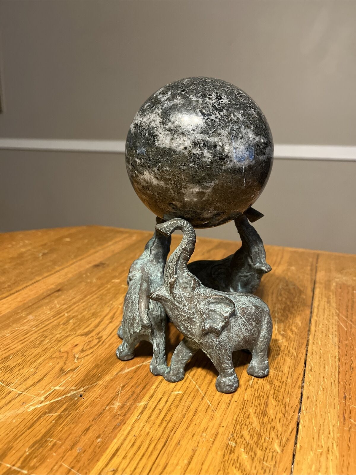 Vintage MCM Brass Circle Of Three Elephants Holding Up Marble Sphere
