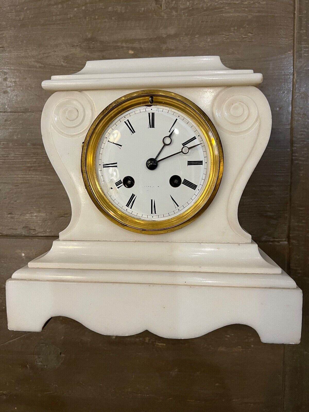 Antique Mantle Clock French White Marble Cased Japy Freres Movement. Rare design