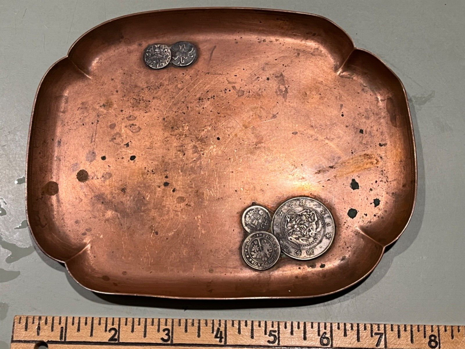 Gorham mixed metal Aesthetic copper & silver Chinese coins tray c.1885