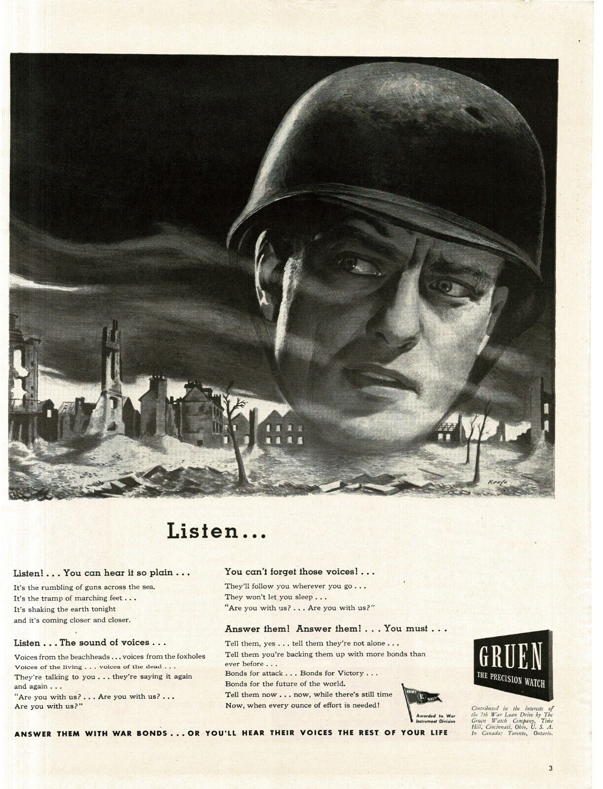 1945 Gruen Wrist Watches WWII Buy War Bonds Soldier City in Ruins Print Ad