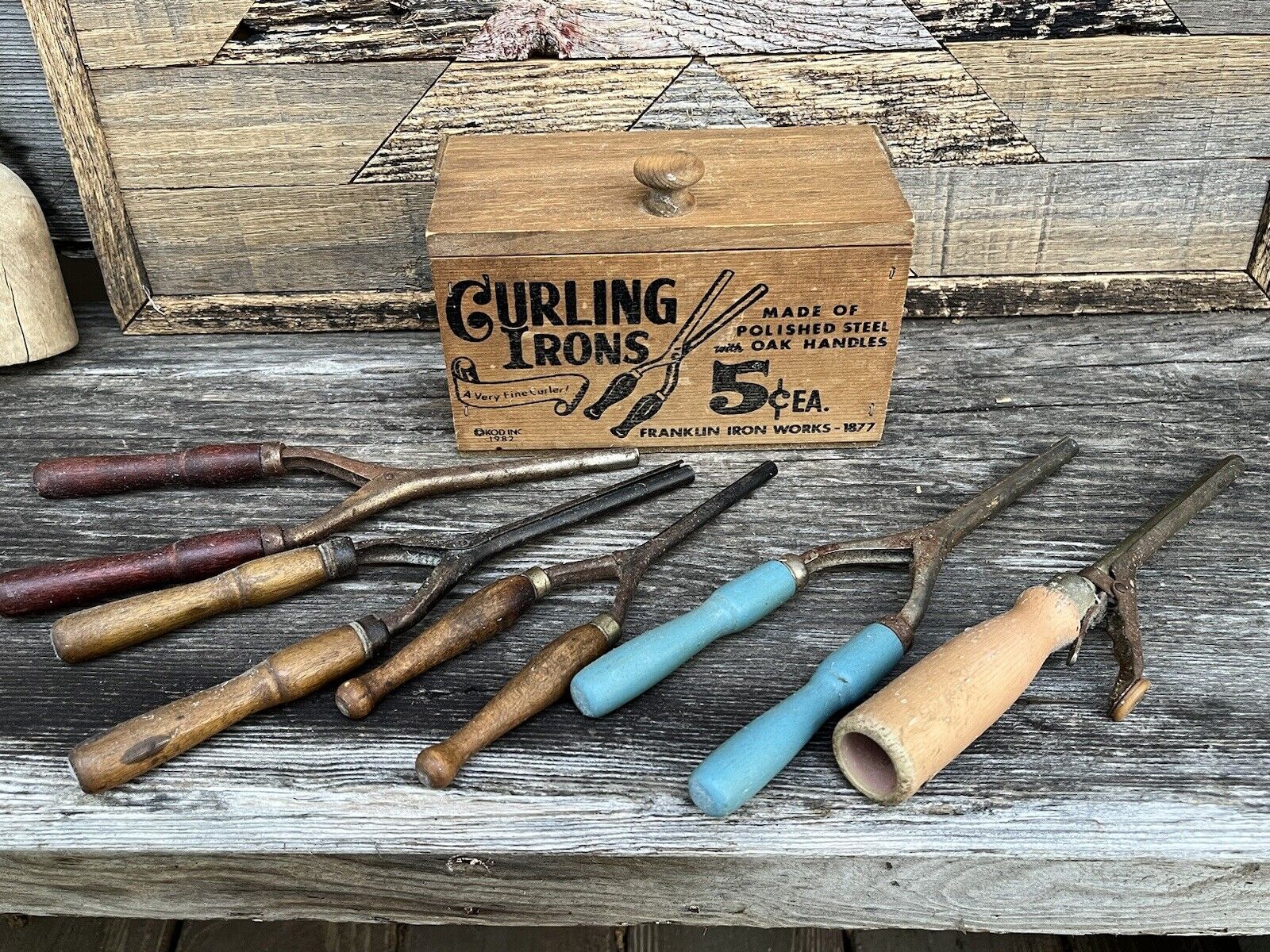 Vintage Curling Iron and Wooden Box lot.