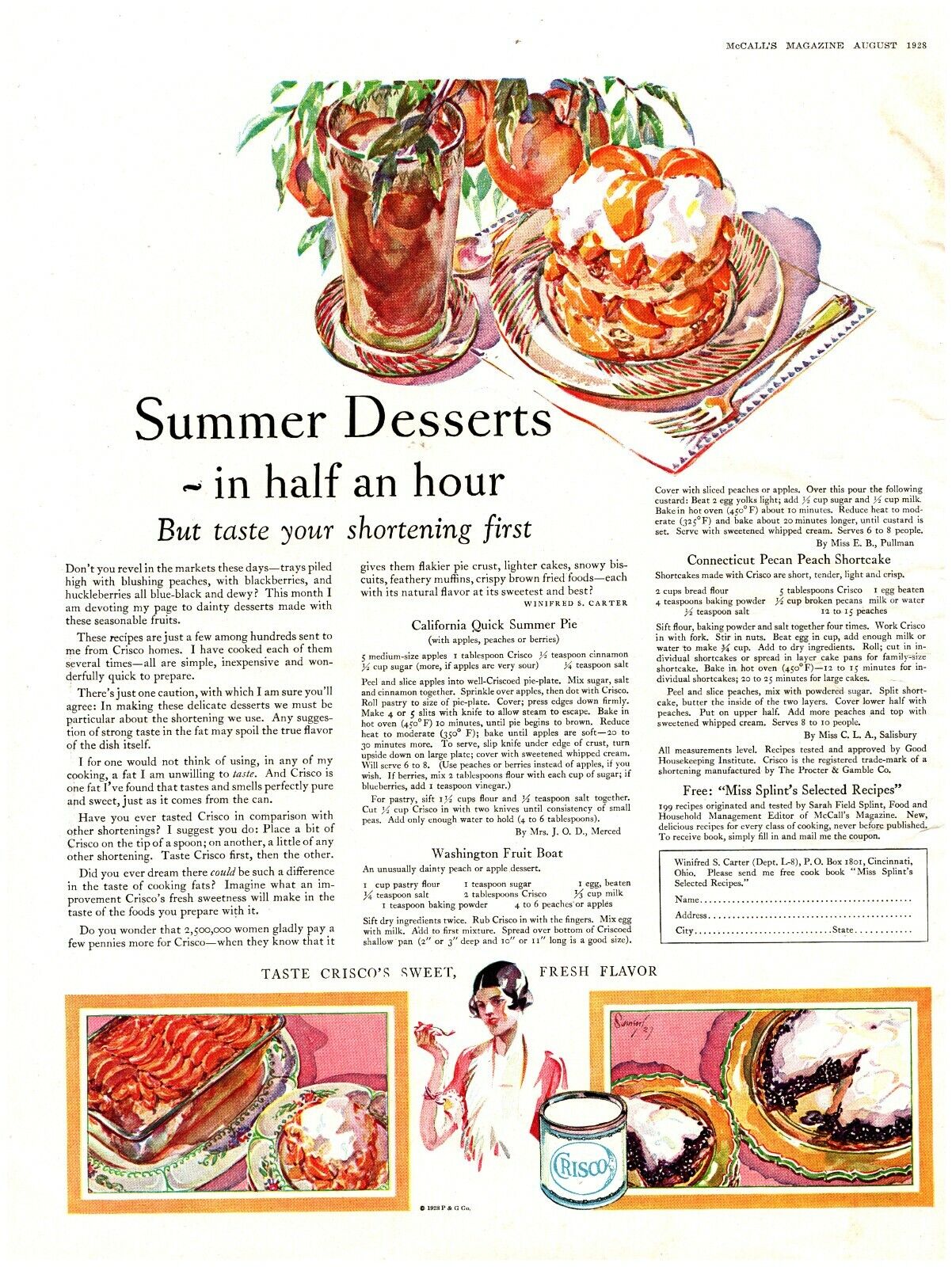 1928 Crisco Shortening Vintage Print Ad Summer Deserts In Half An Hour 