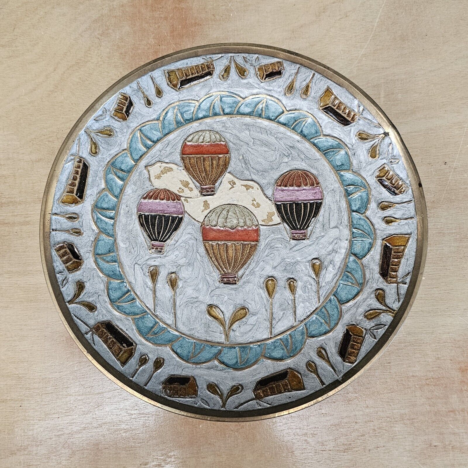 Vintage Enameled Brass Wall Plate Hot Air Balloon India 8\