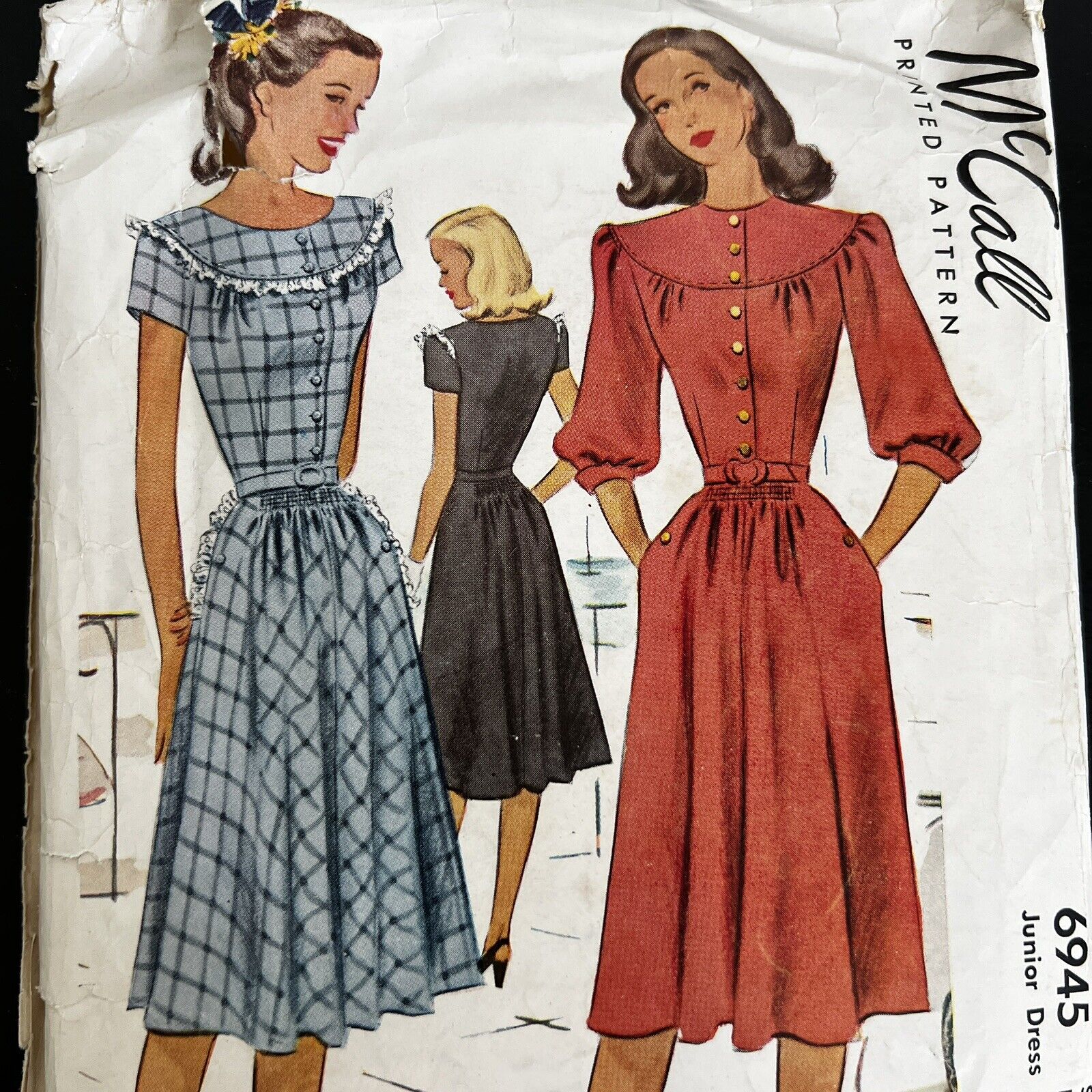 Vintage 1940s McCalls 6945 Junior Yoked Belted Dress Sewing Pattern 13 XS CUT