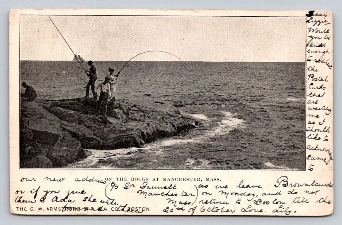 c1905 People Fishing On The Rocks Manchester Massachusetts P62A