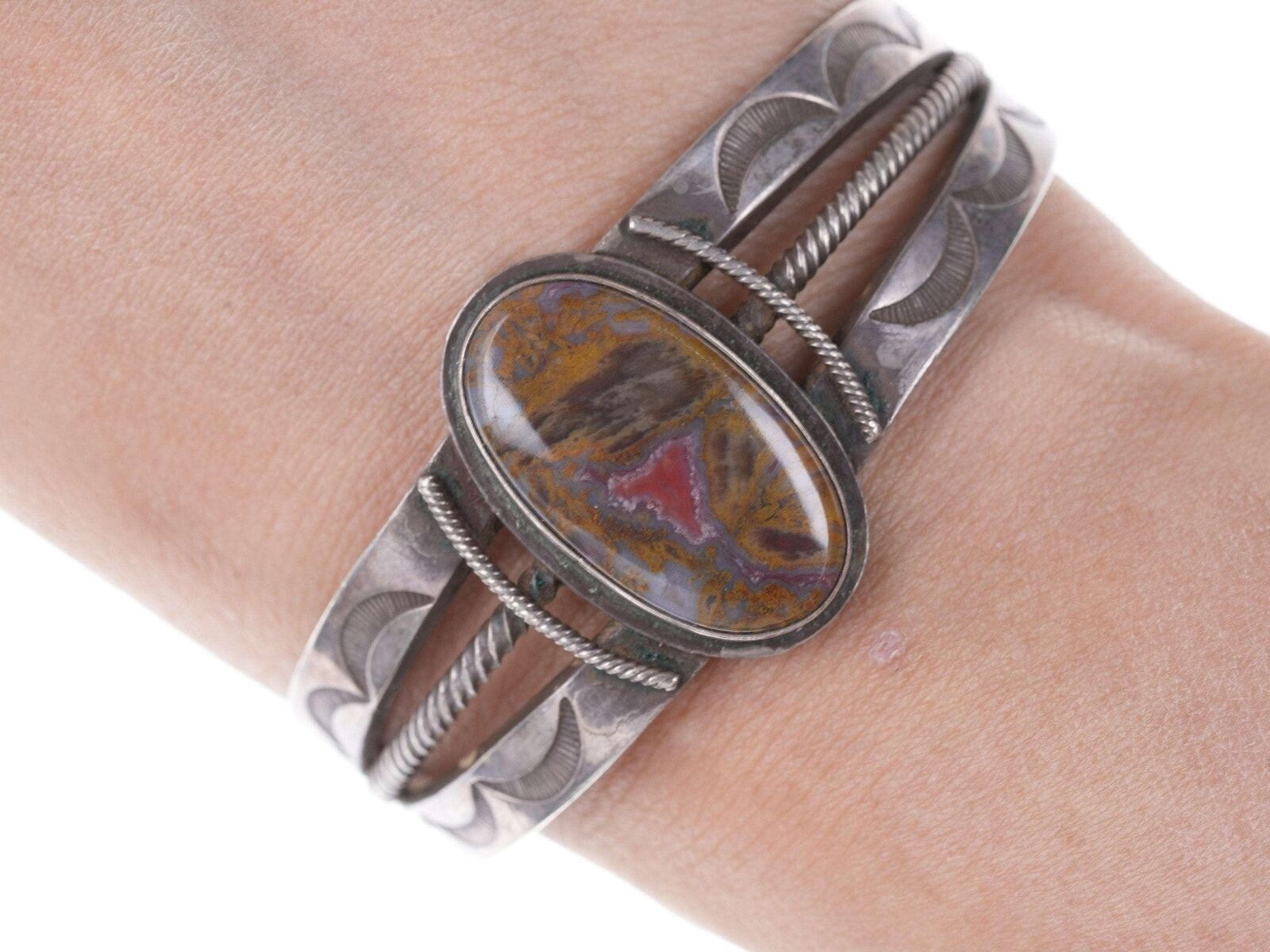 c1930's Navajo Petrified wood heavy stamped Silver cuff bracelet