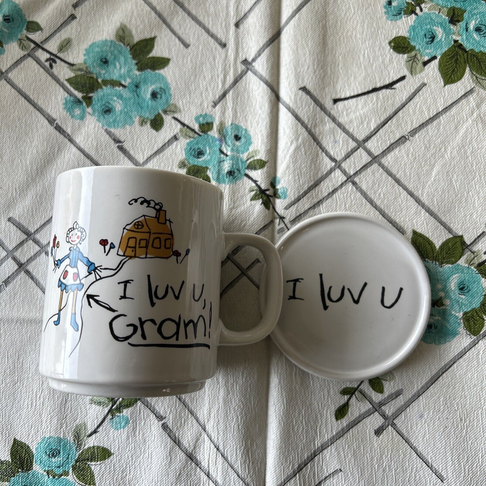 Vintage Mug I Luv U Gram Mug Coaster Set 1987 Japan coffee cup with coaster lid