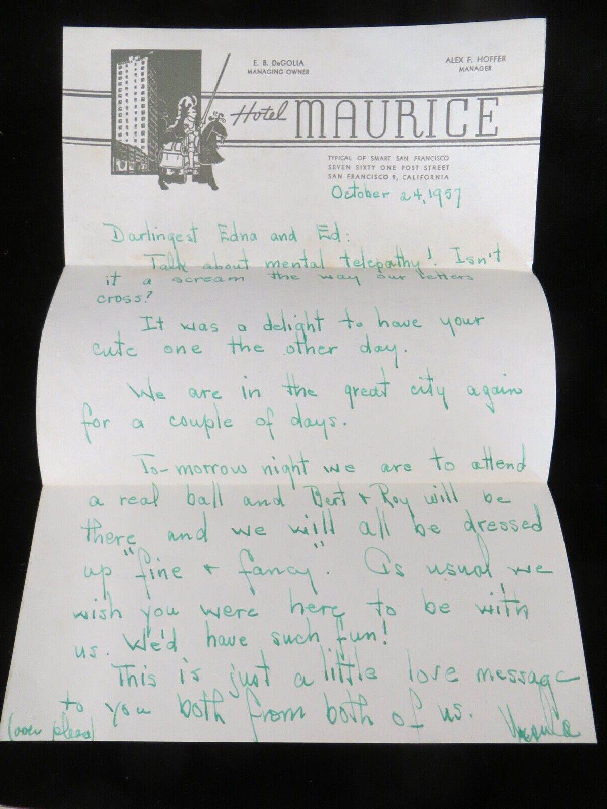 Vintage 1957 Letter - Hotel Maurice Letterhead - San Francisco, CA