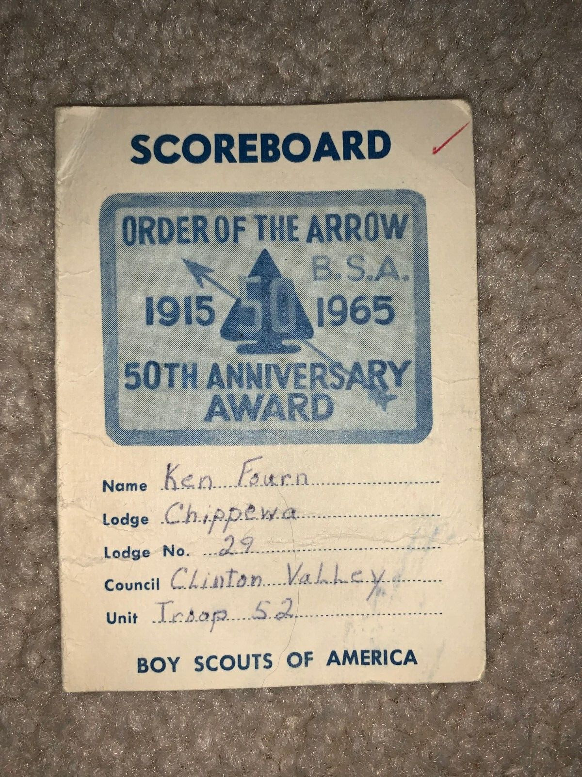Boy Scout 1915 1965 50th Award OA Lodge 29 Clinton Valley Michigan Council Card