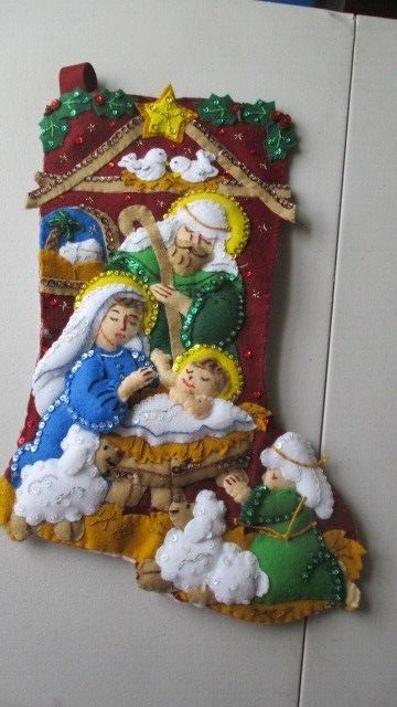 Christmas Stocking felt  Hand stitched finished  Nativity with Mary and Joseph